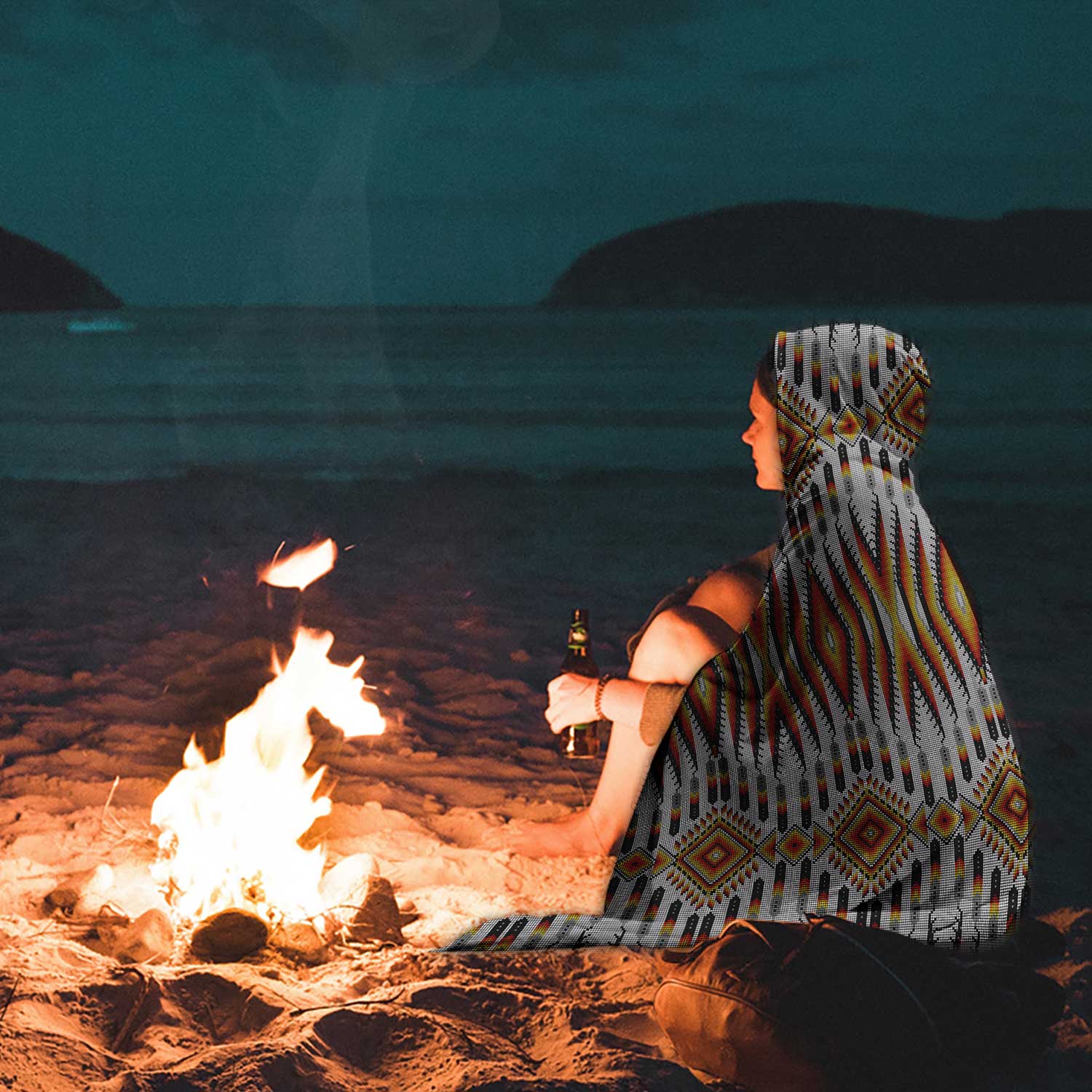 Fire Feather White Hooded Blanket