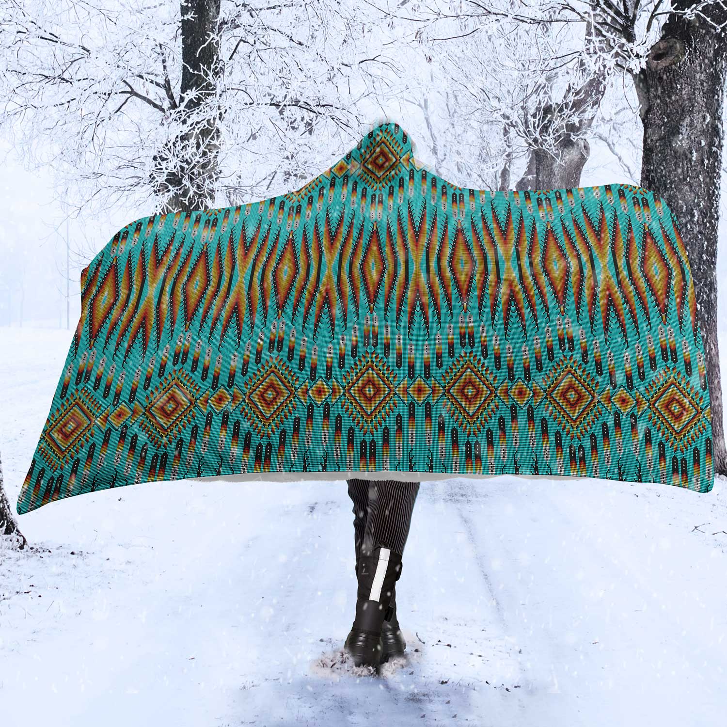 Fire Feather Turquoise Hooded Blanket