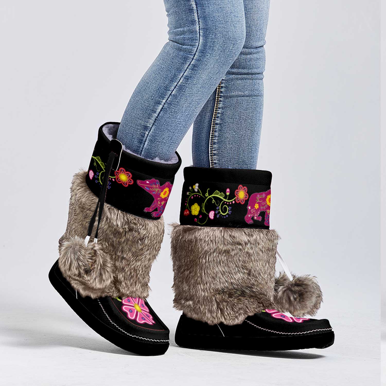 Waterbird Wildflowers Black Real Leather MocLux