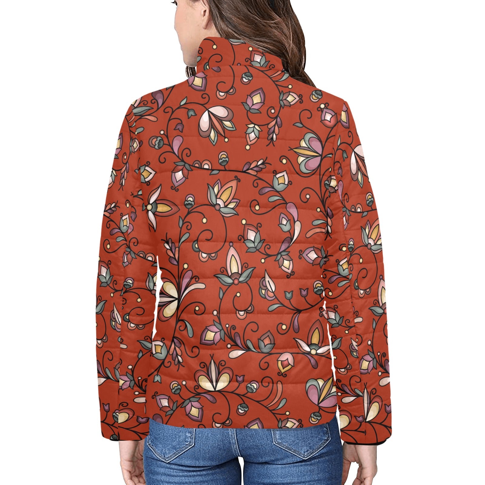 Burnt Sky Petals Red Women's Stand Collar Padded Jacket