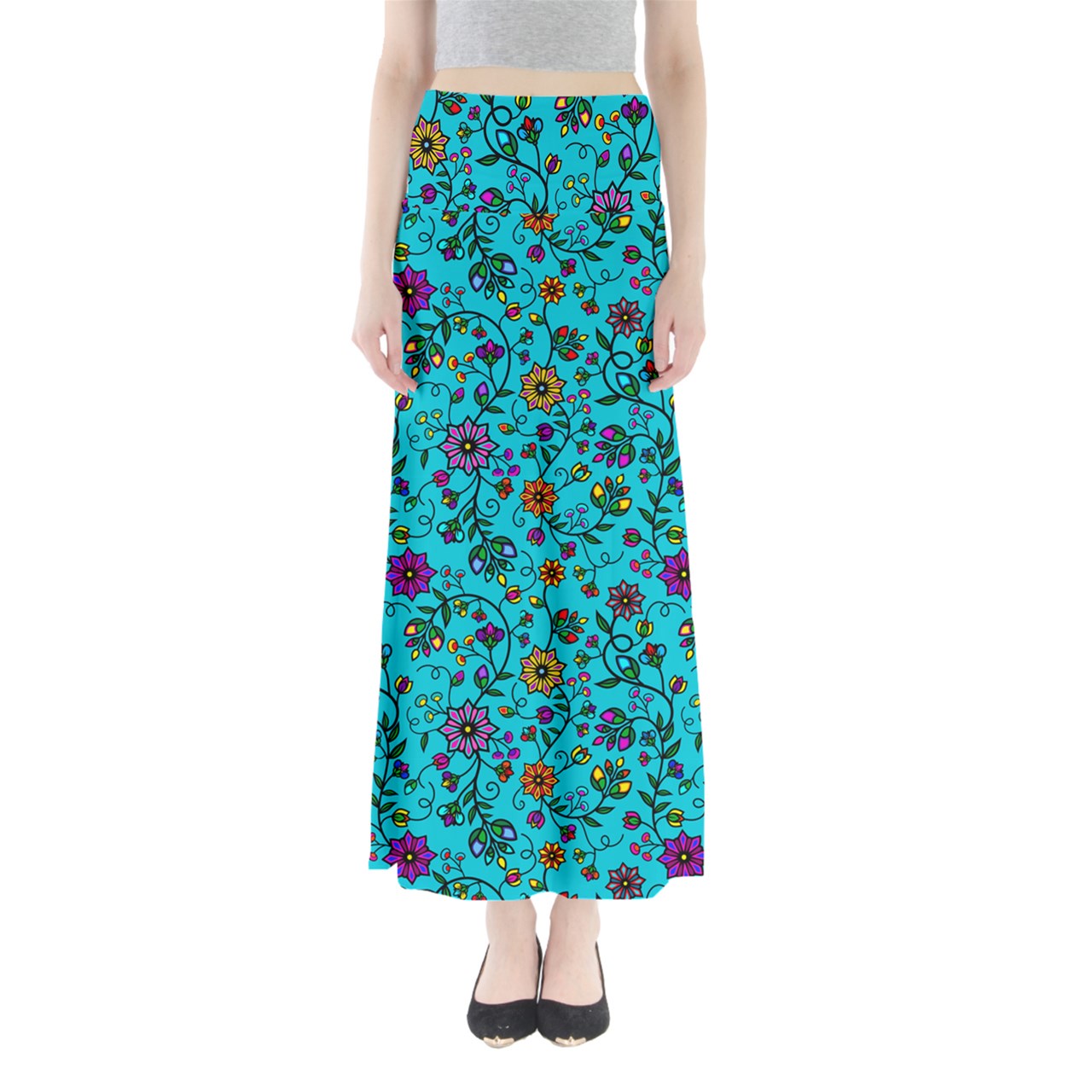 Prairie Paintbrush Cyan Full Length Maxi Skirt