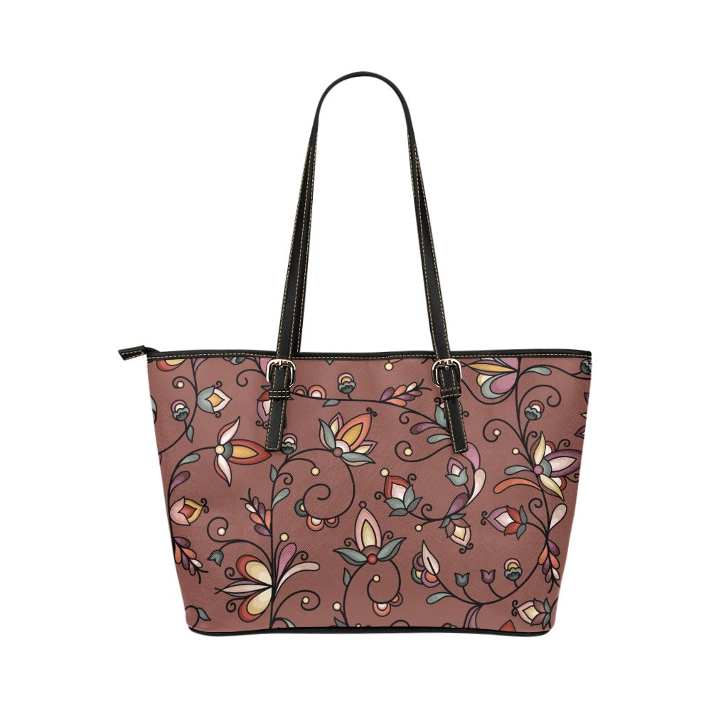 Burnt Sky Petals Brown Leather Tote Bag/Large