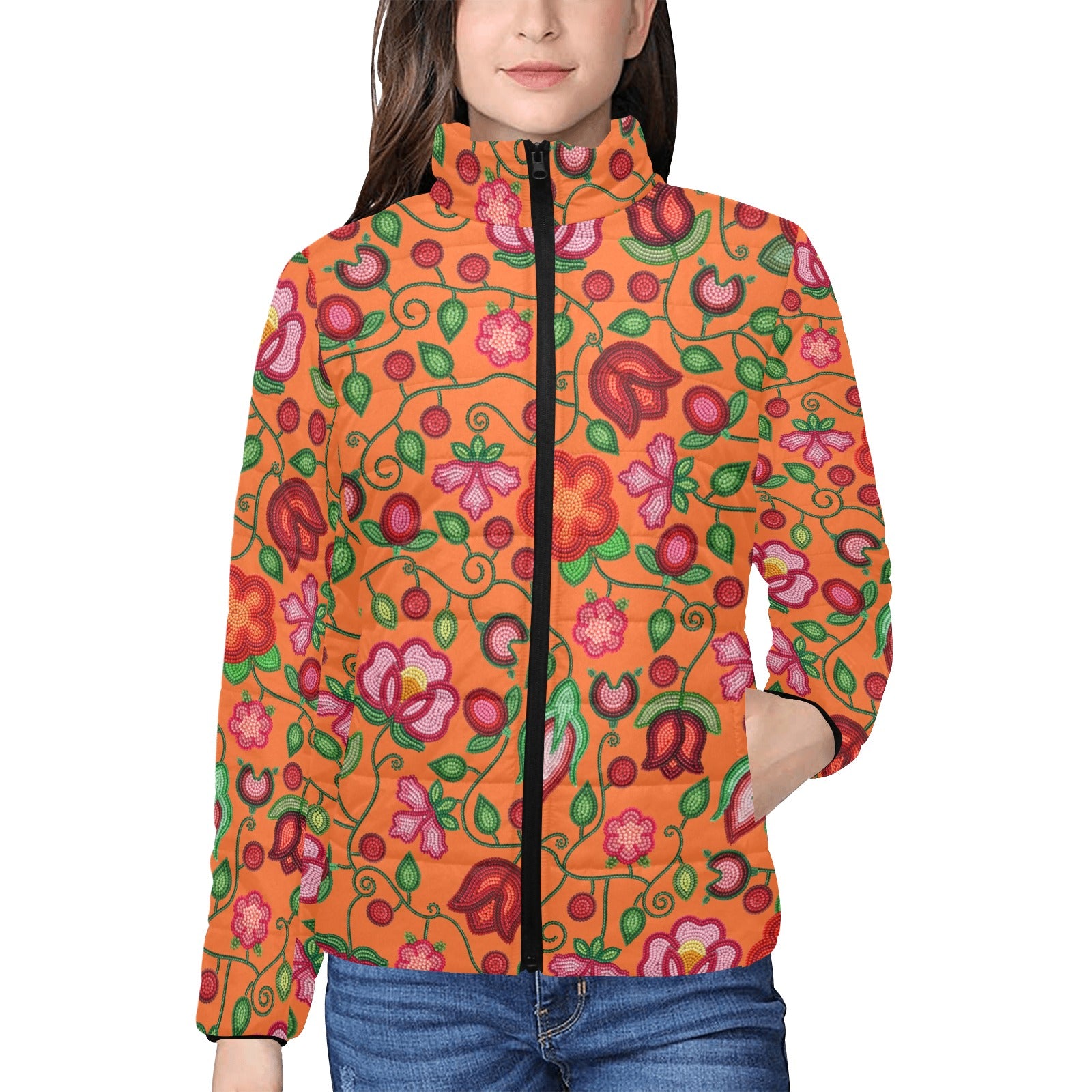 Rose Reverie Orange Women's Stand Collar Padded Jacket