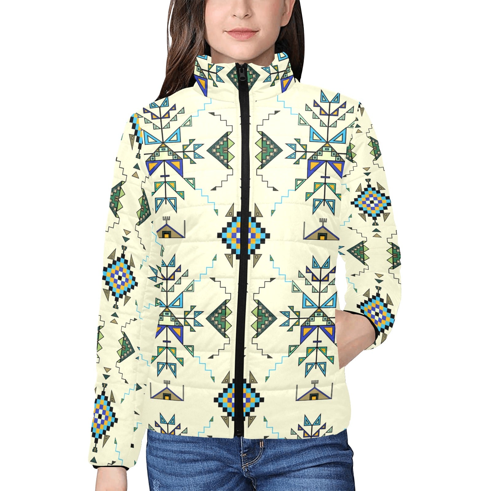 Bear Shield Cream Women's Stand Collar Padded Jacket