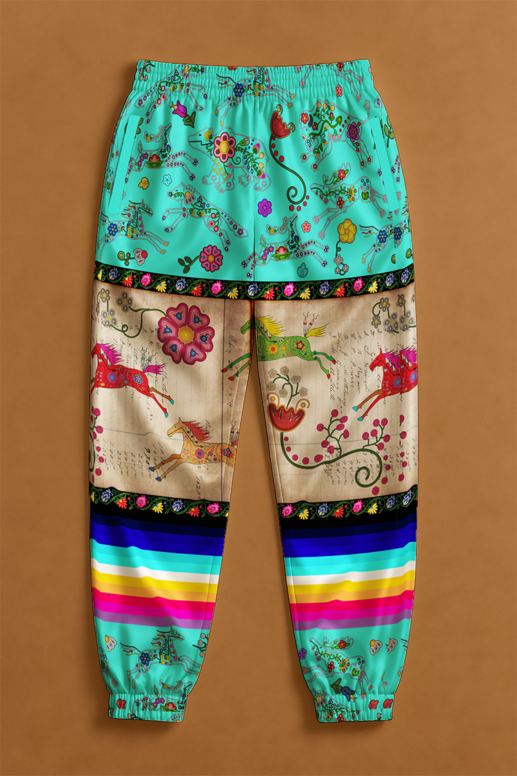Floral Ledger Horse Turquoise Ribbon Jogger Pants