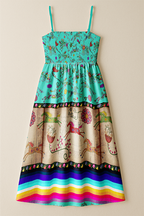 Floral Ledger Horse Turquoise Smock Top Dress