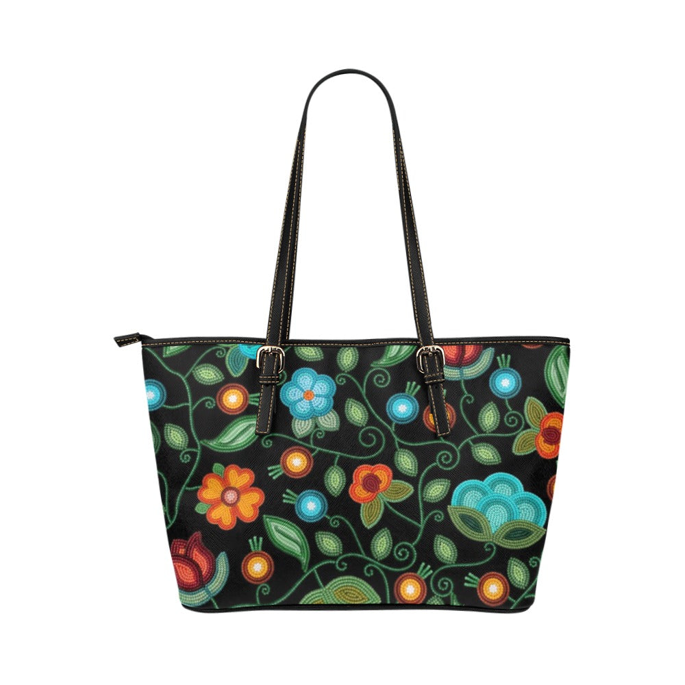 Prairie Fire Petals Black Leather Tote Bag/Large