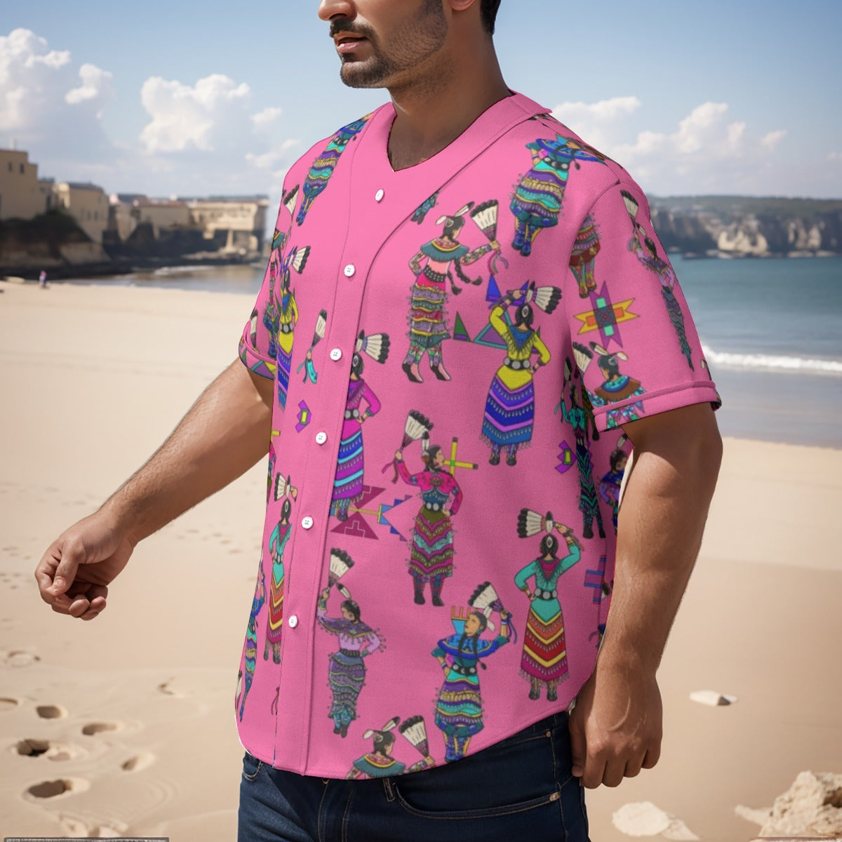 Women's Jingle Dancers Pink Men's Short Sleeve Baseball Jersey With Pinstripes
