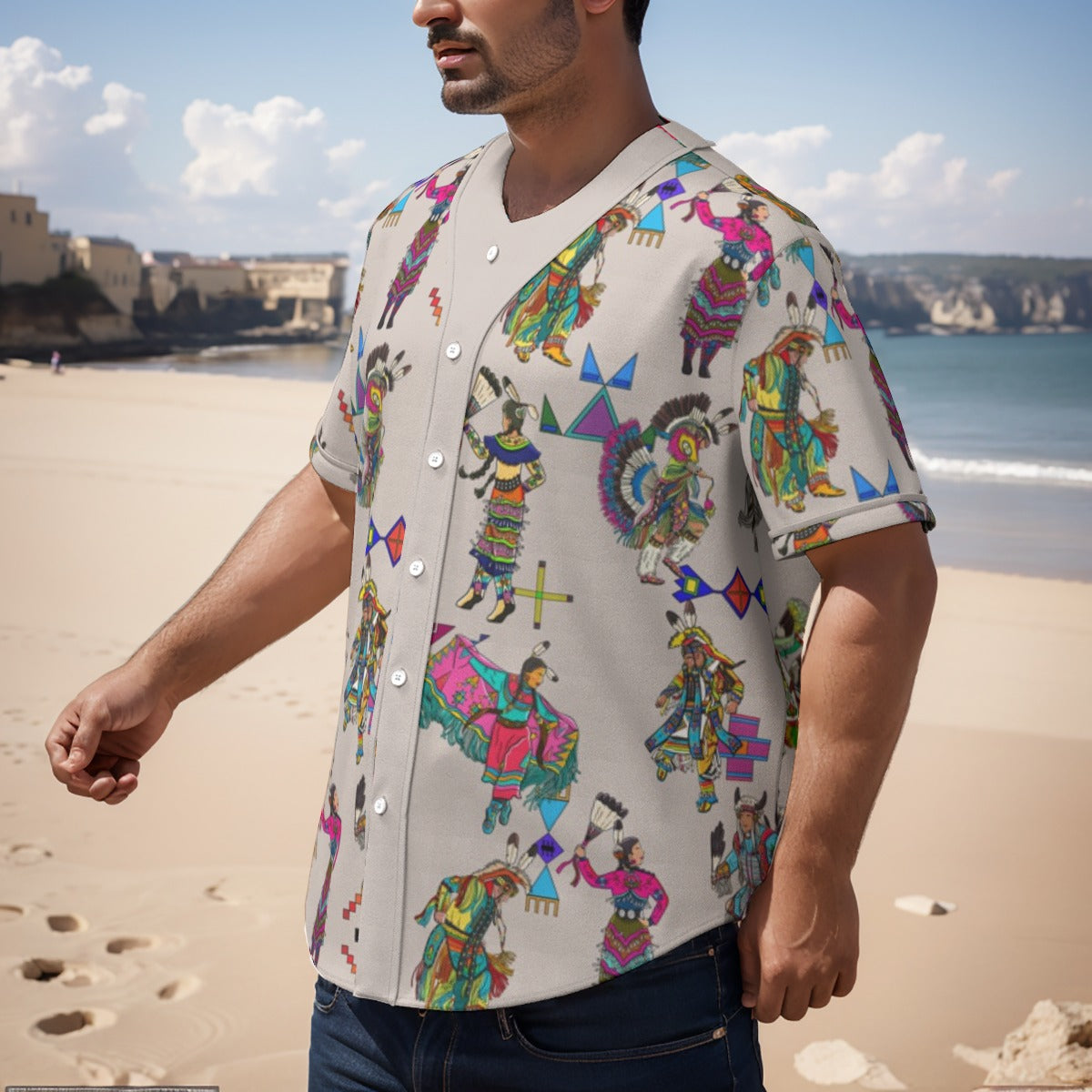Grand Entry Dancers Muslin Men's Short Sleeve Baseball Jersey With Pinstripes