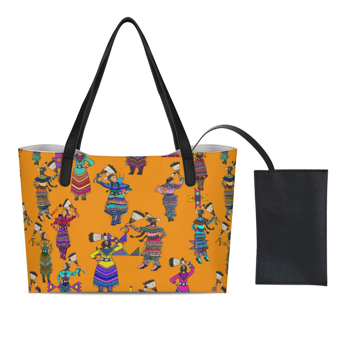 Women's Jingle Dancers Orange Shopping Tote Bag With Black Mini Purse