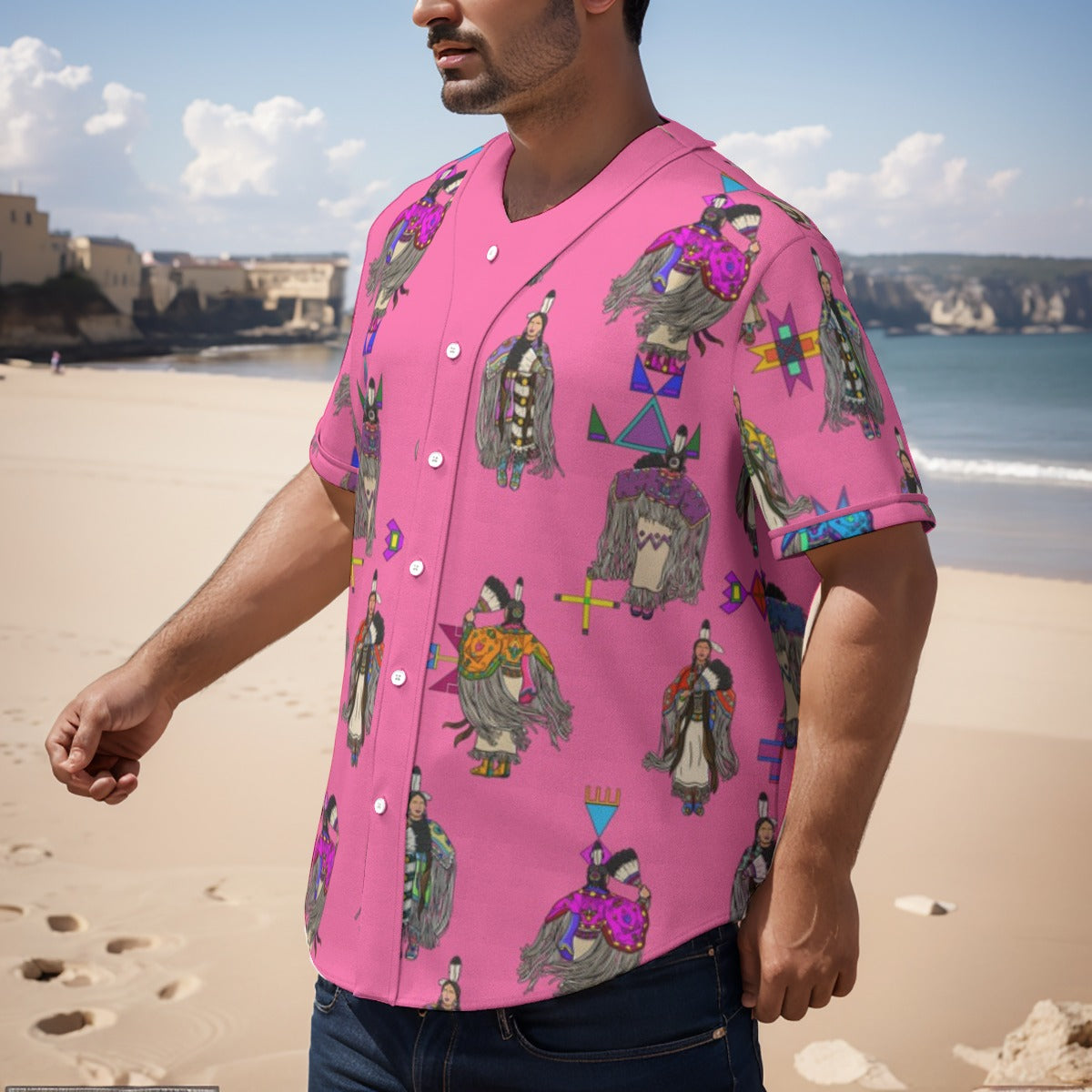 Women's Tradish Dancers Pink Men's Short Sleeve Baseball Jersey With Pinstripes