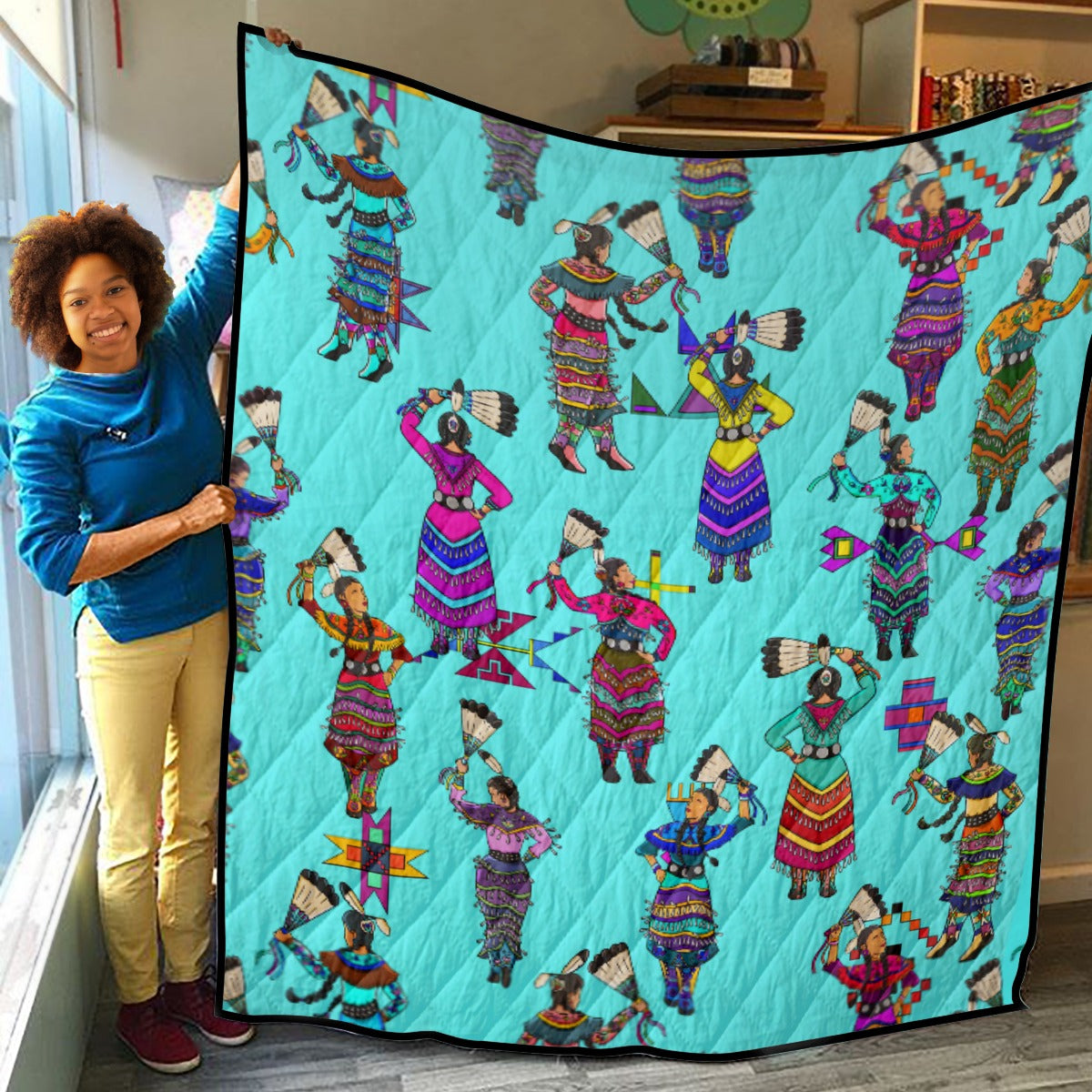 Women's Jingle Dancers Turquoise Lightweight & Breathable Quilt With Edge-wrapping Strips
