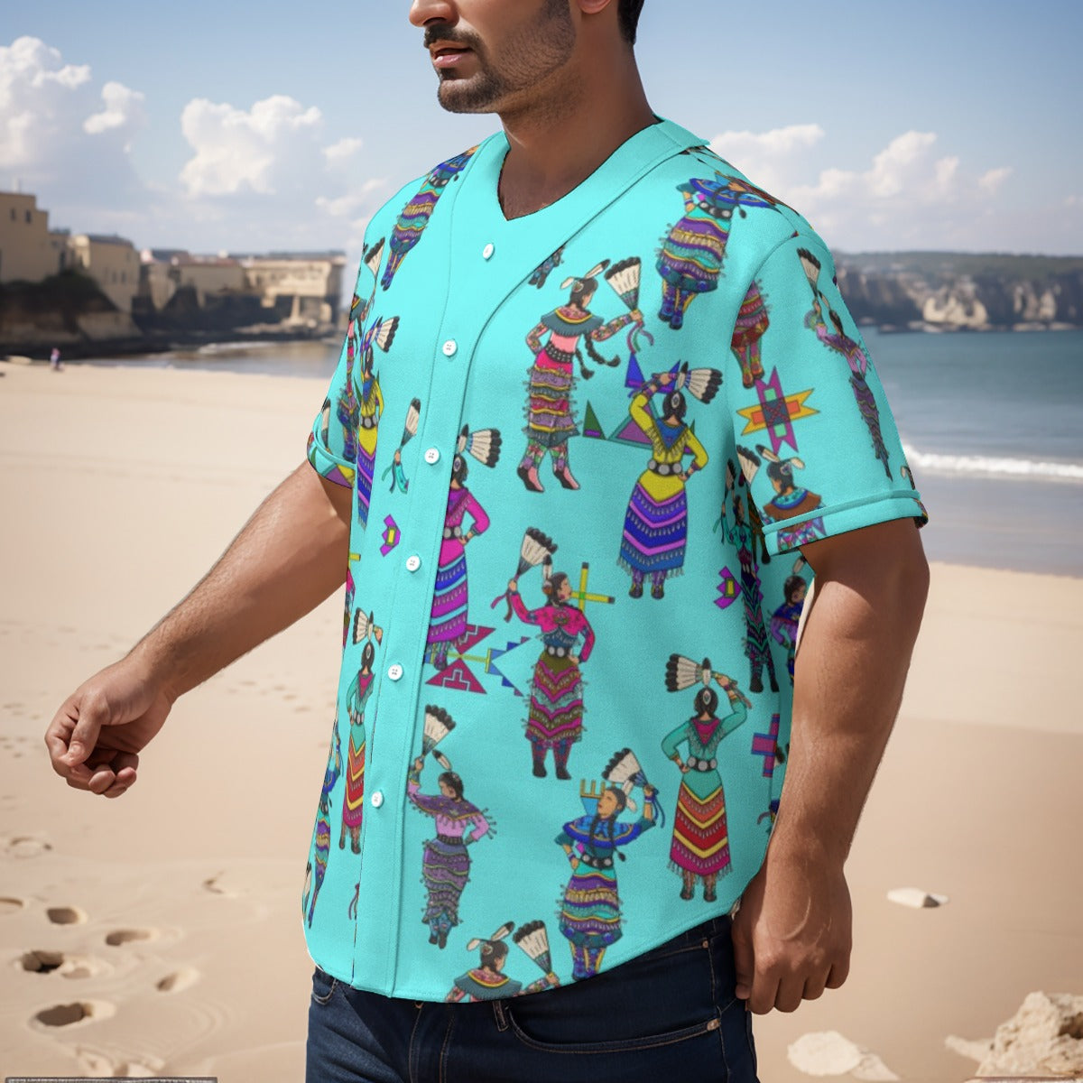 Women's Jingle Dancers Turquoise Men's Short Sleeve Baseball Jersey With Pinstripes