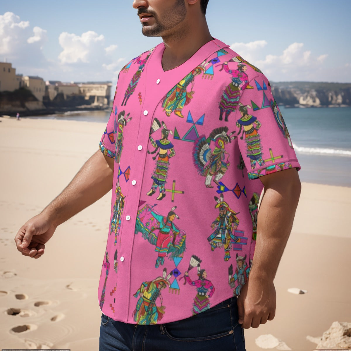 Grand Entry Dancer Pink Men's Short Sleeve Baseball Jersey With Pinstripes