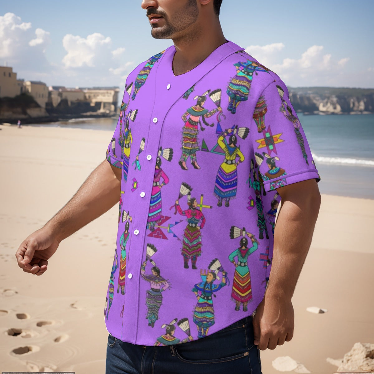 Women's Jingle Dancers Purple Men's Short Sleeve Baseball Jersey With Pinstripes