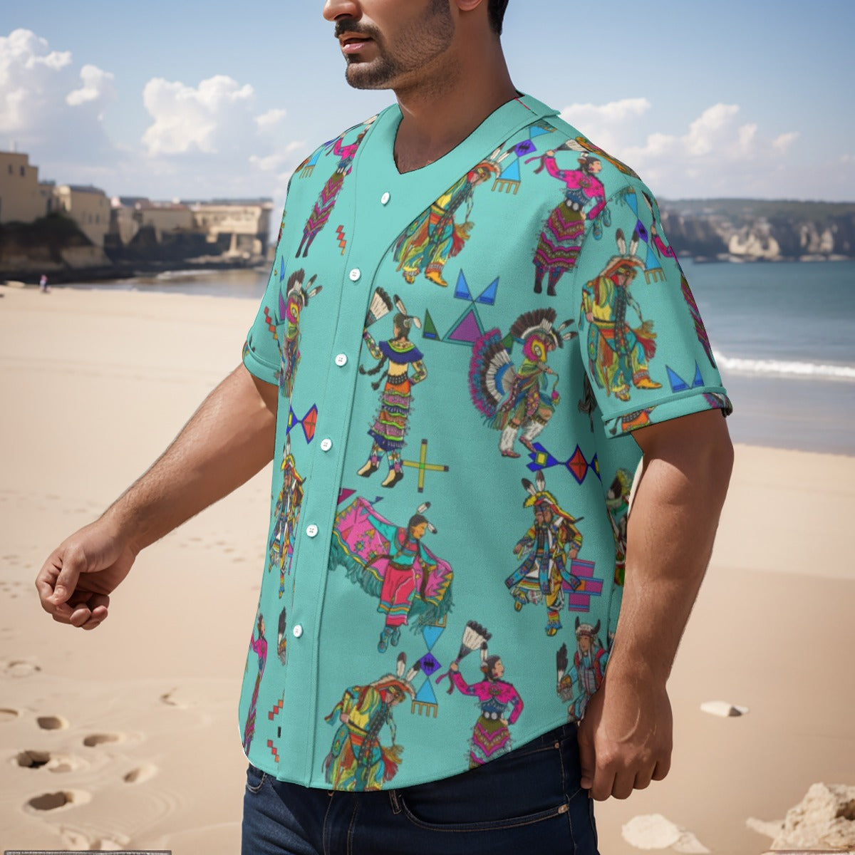 Grand Entry Dancers Eggshell Blue Men's Short Sleeve Baseball Jersey With Pinstripes