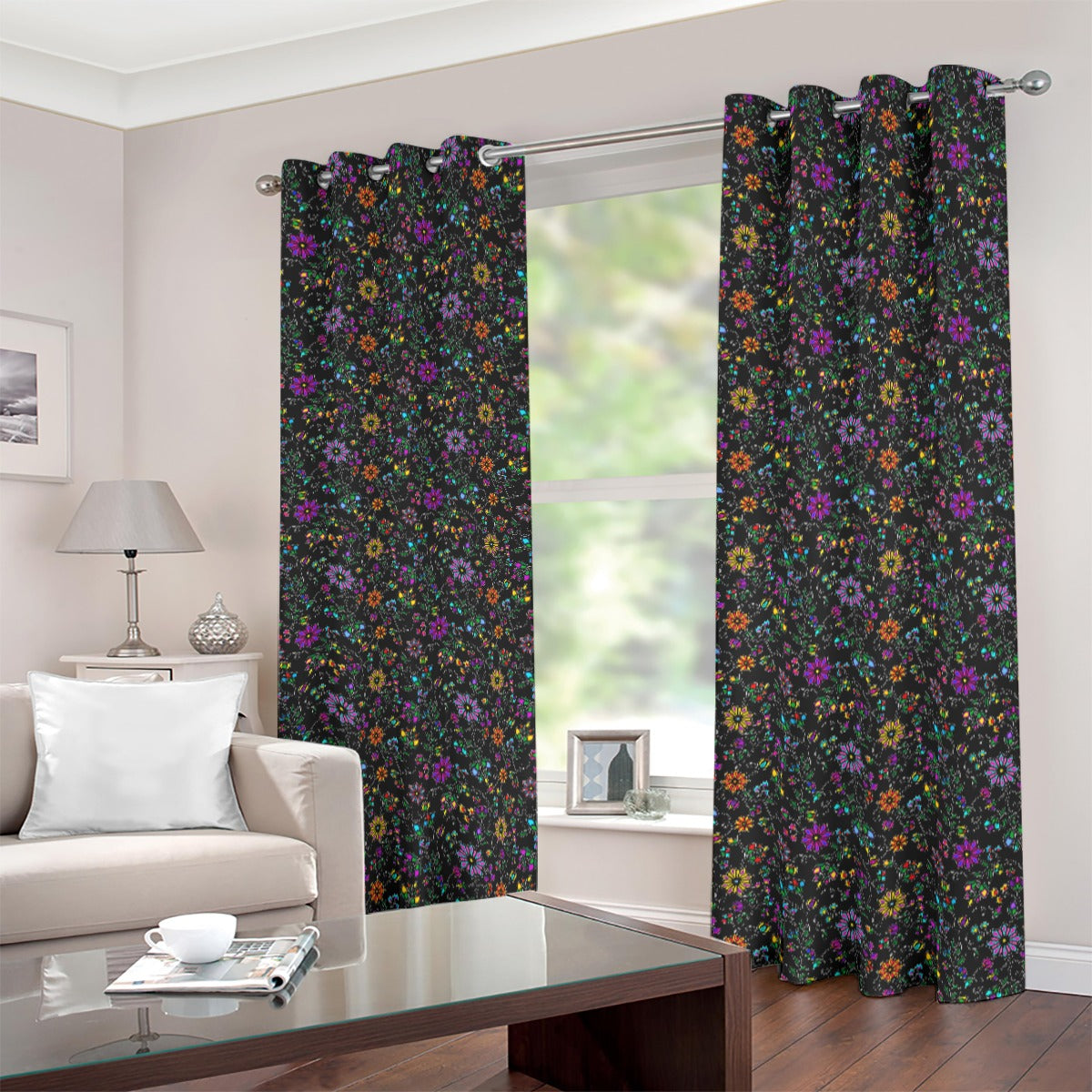 Prairie Paintbrush Black Blackout Grommet Curtains | 265(gsm)