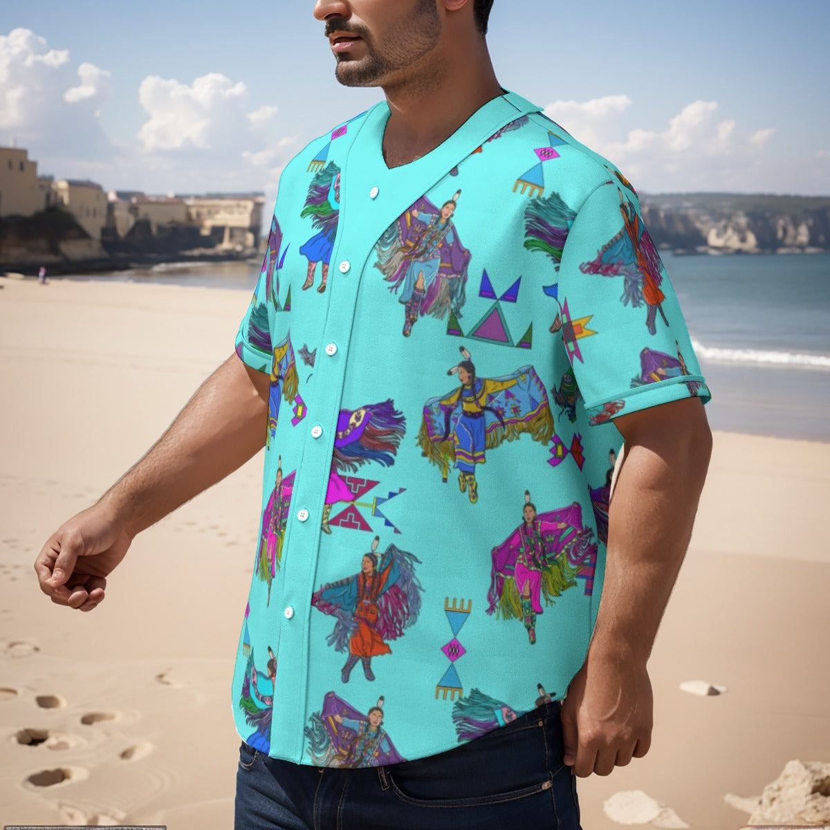 Women's Fancy Dancers Turquoise Men's Short Sleeve Baseball Jersey With Pinstripes