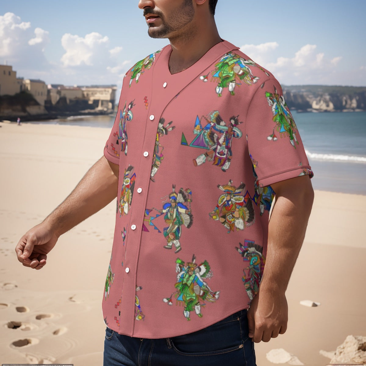 Men's Fancy Dancers Terra Cotta Men's Short Sleeve Baseball Jersey With Pinstripes