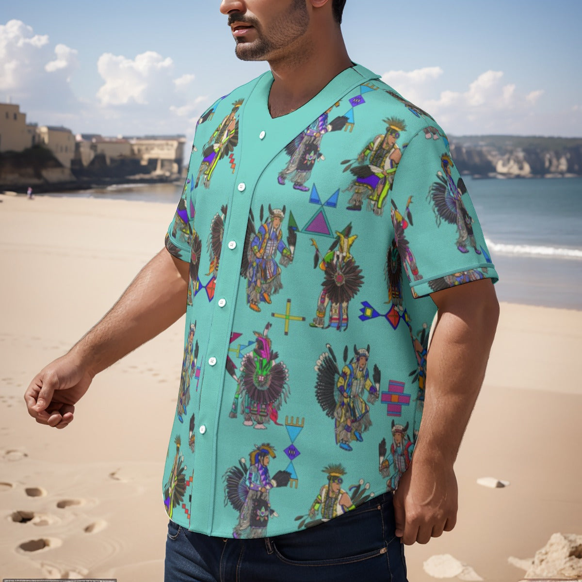 Men's Tradish Dancers Eggshell Blue Men's Short Sleeve Baseball Jersey With Pinstripes