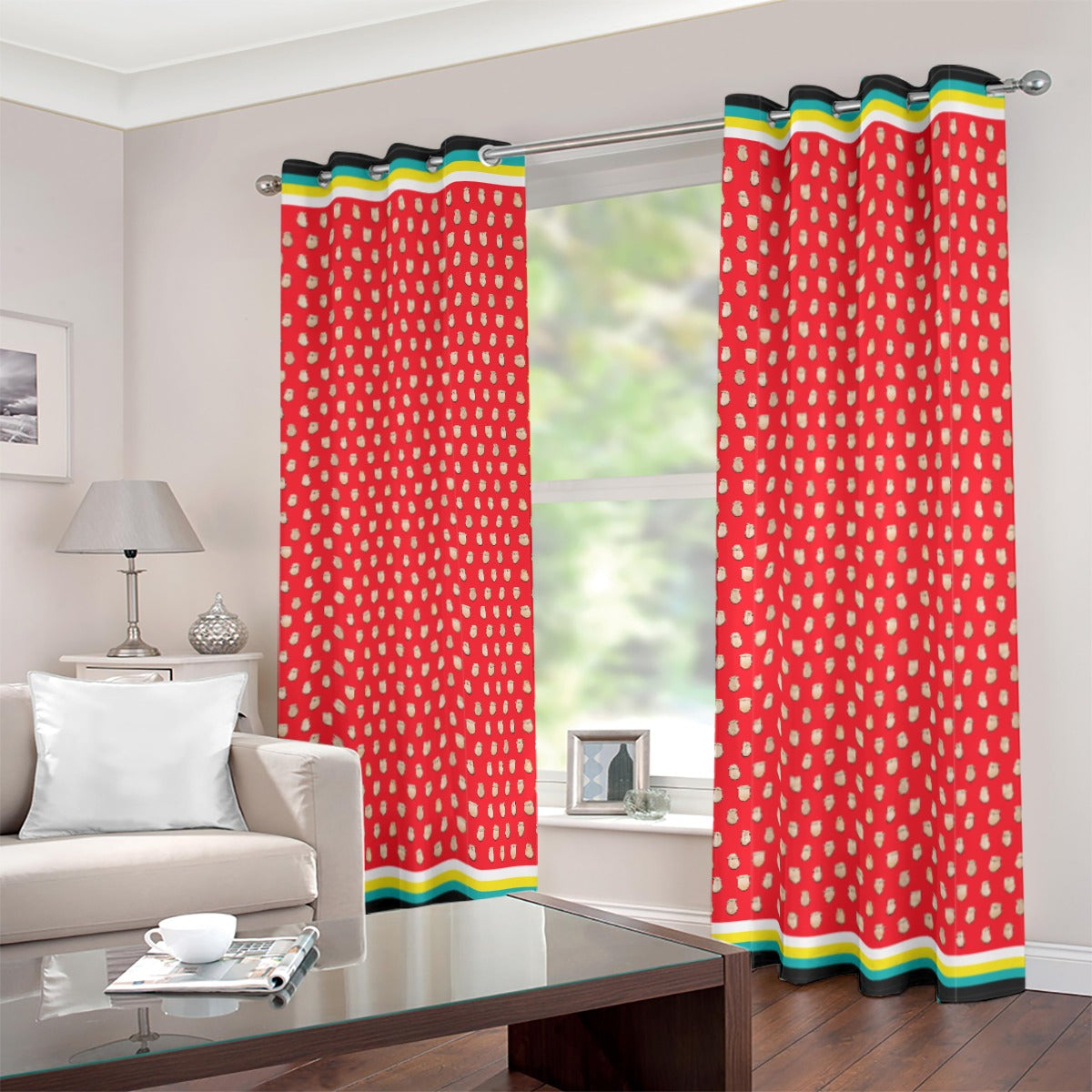 Elk Teeth on Red Blackout Grommet Curtains | 265(gsm)