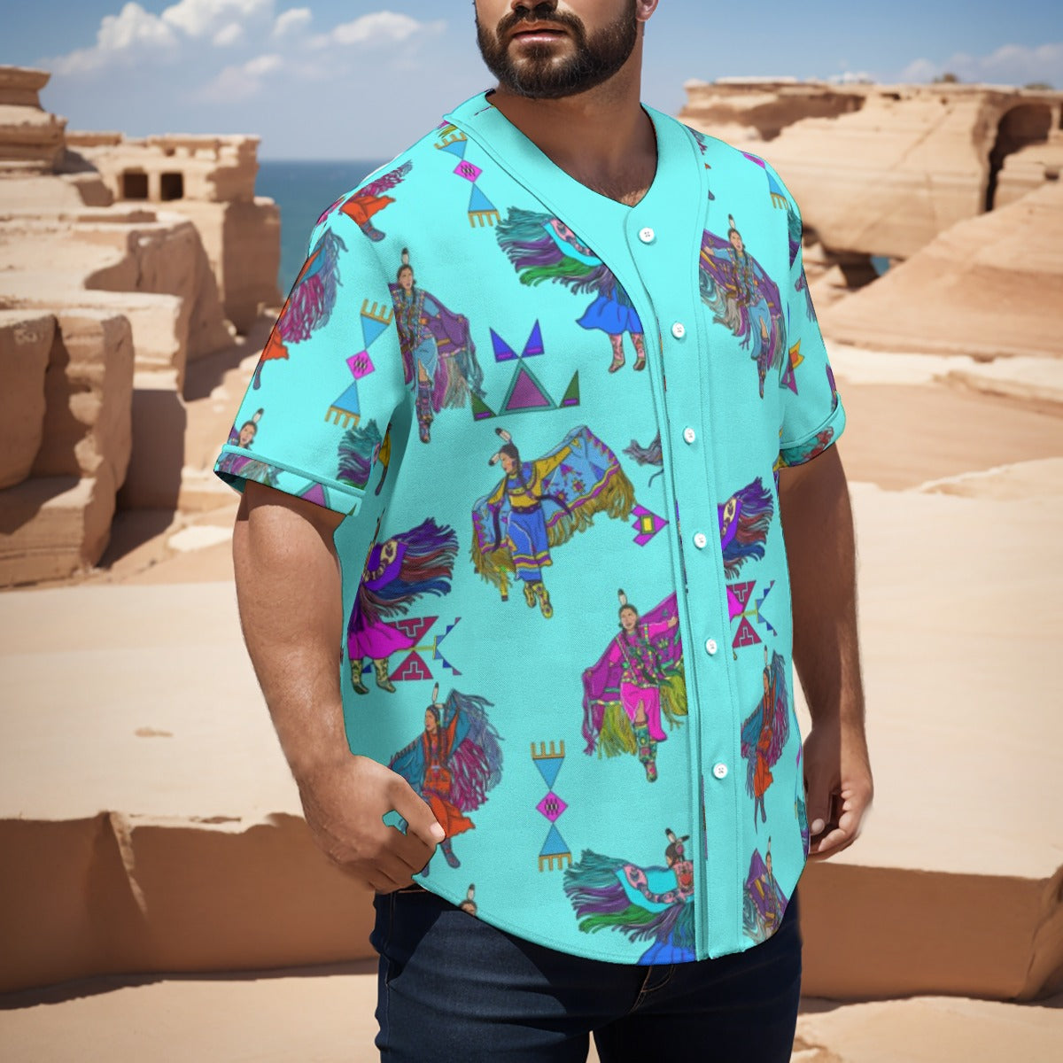 Women's Fancy Dancers Turquoise Men's Short Sleeve Baseball Jersey With Pinstripes