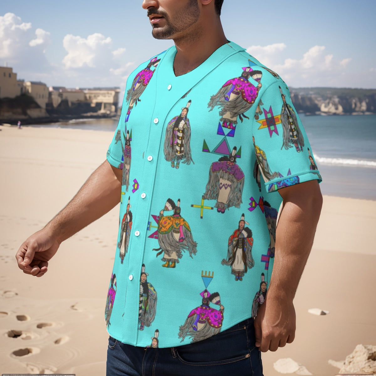 Women's Tradish Dancers Turquoise Men's Short Sleeve Baseball Jersey With Pinstripes
