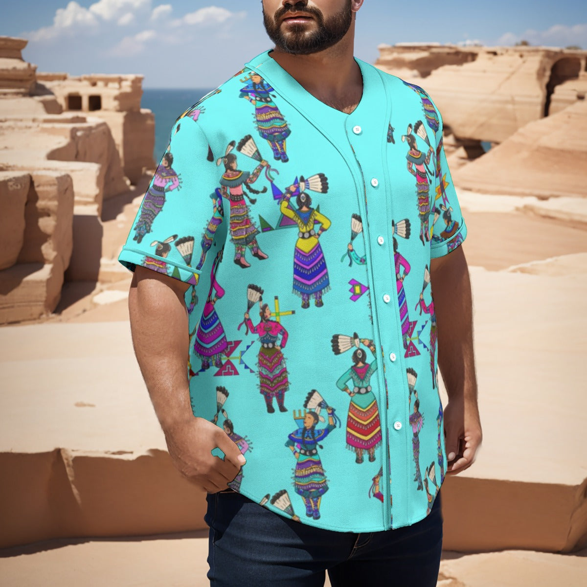Women's Jingle Dancers Turquoise Men's Short Sleeve Baseball Jersey With Pinstripes