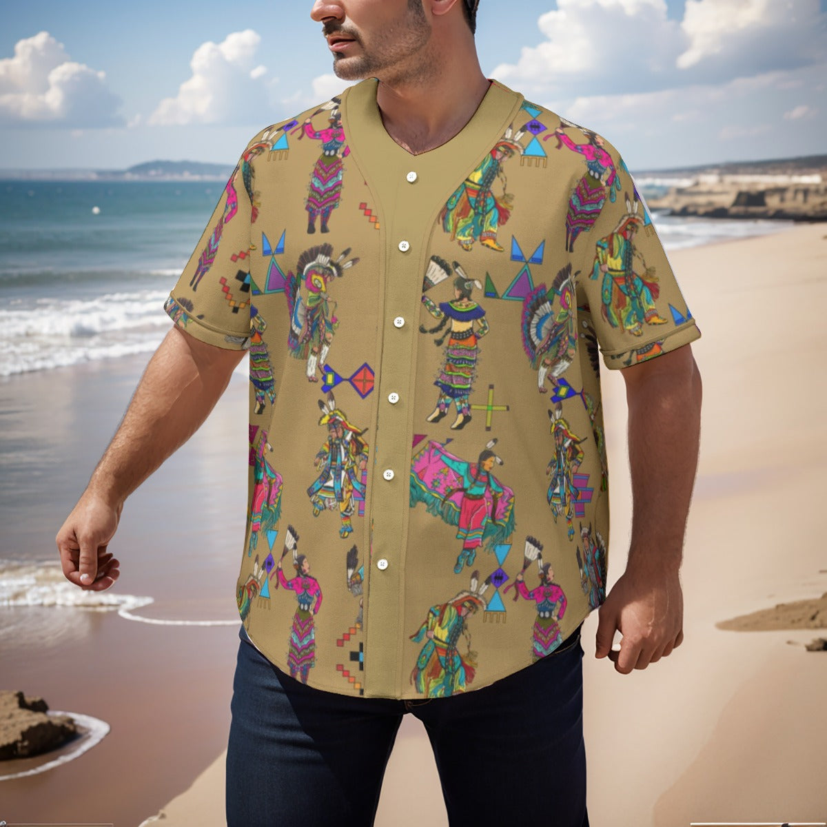 Grand Entry Dancers Earth Men's Short Sleeve Baseball Jersey With Pinstripes