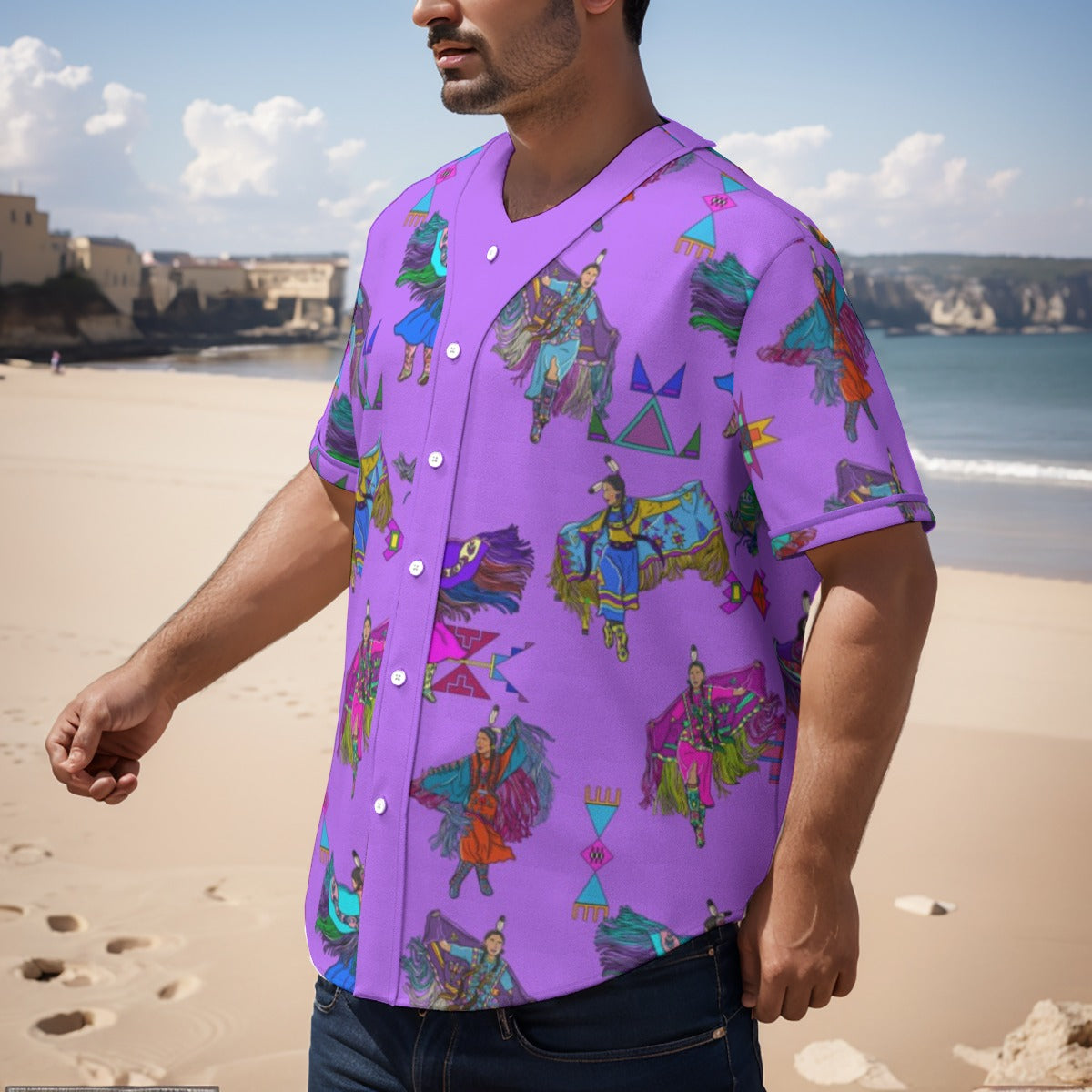 Women's Fancy Dancers Purple Men's Short Sleeve Baseball Jersey With Pinstripes