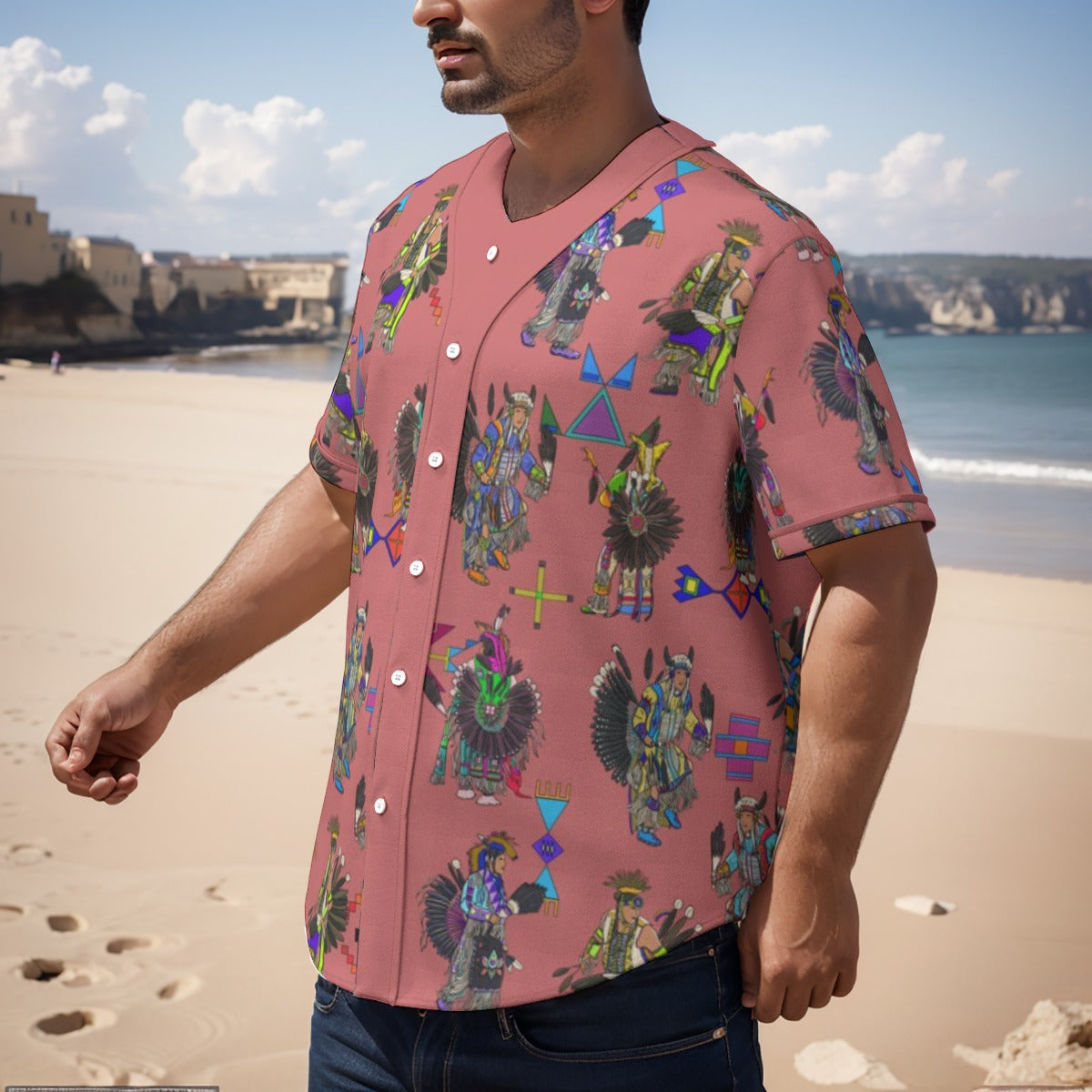 Men's Tradish Dancers Terra Cotta Men's Short Sleeve Baseball Jersey With Pinstripes