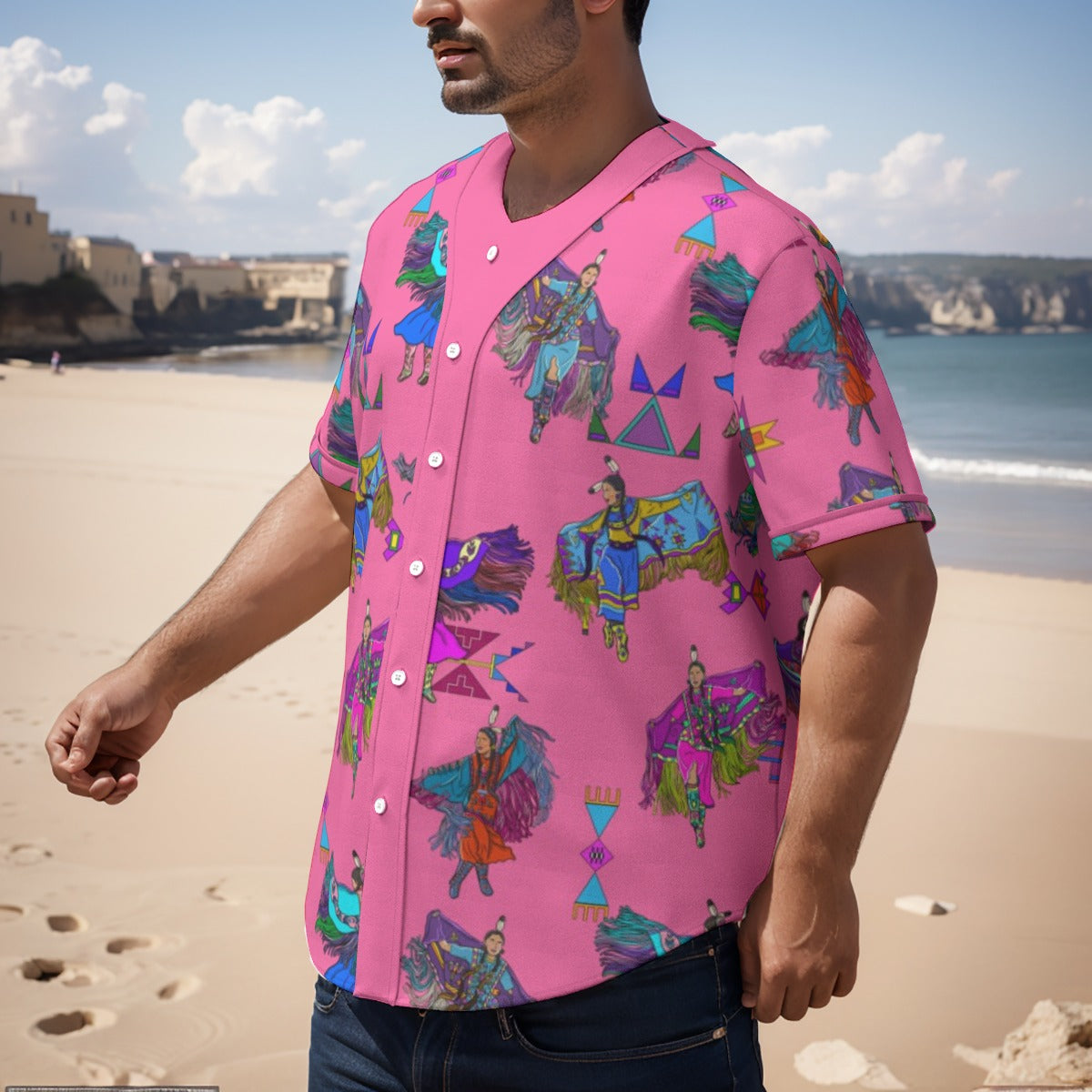 Women's Fancy Dancers Pink Men's Short Sleeve Baseball Jersey With Pinstripes