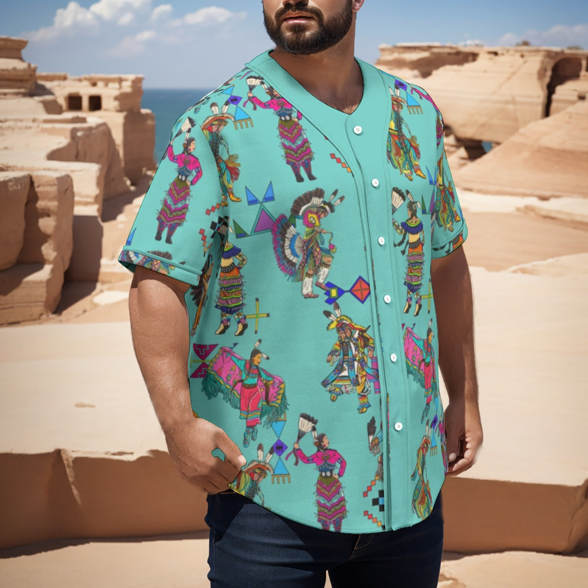 Grand Entry Dancers Eggshell Blue Men's Short Sleeve Baseball Jersey With Pinstripes