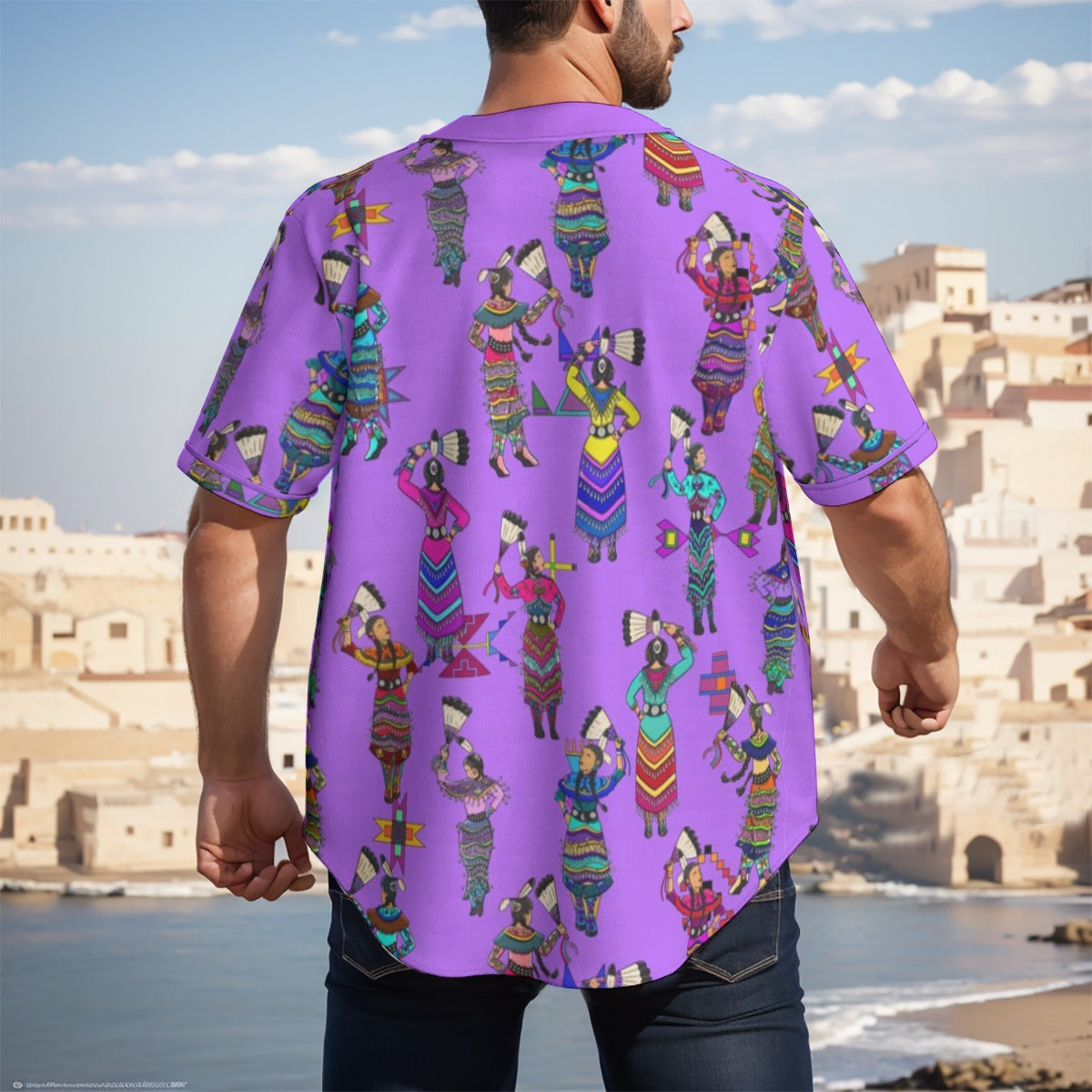 Women's Jingle Dancers Purple Men's Short Sleeve Baseball Jersey With Pinstripes