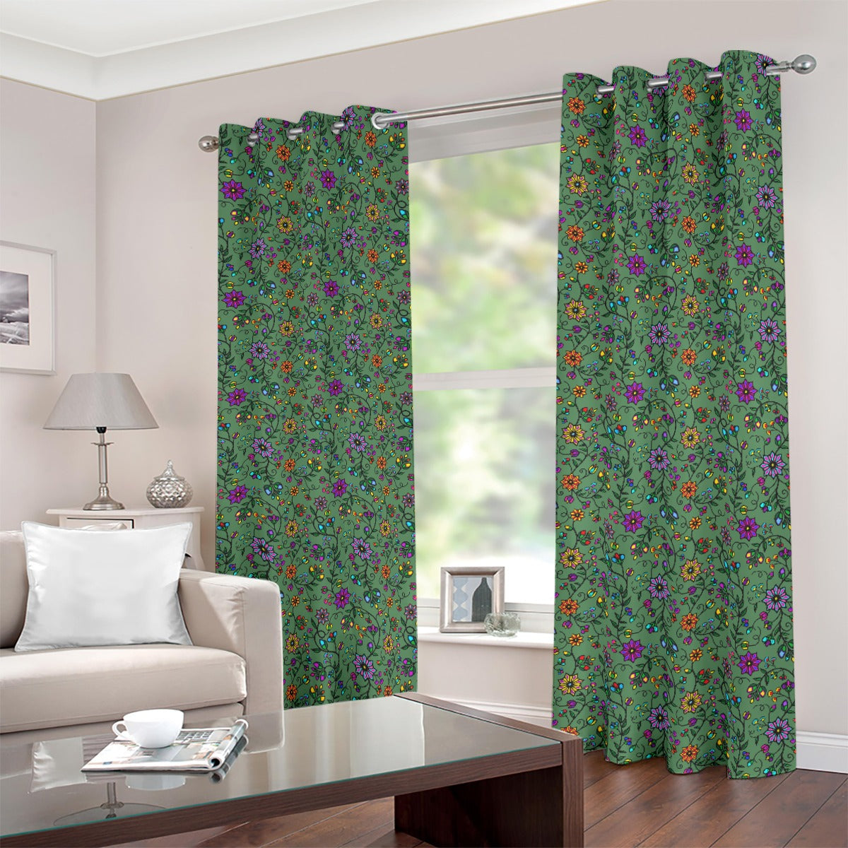 Prairie Paintbrush Sage Blackout Grommet Curtains | 265(gsm)