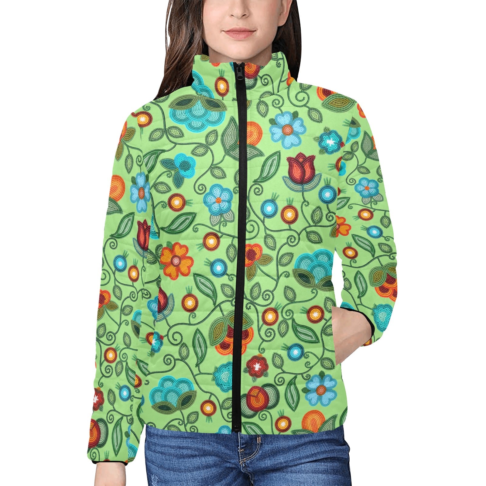 Prairie Fire Petals Sage Women's Stand Collar Padded Jacket