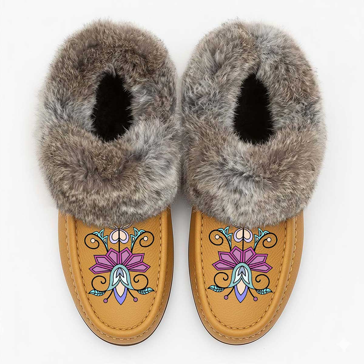 Moonlit Frost Tan Leather Mottled Fur Moccasin