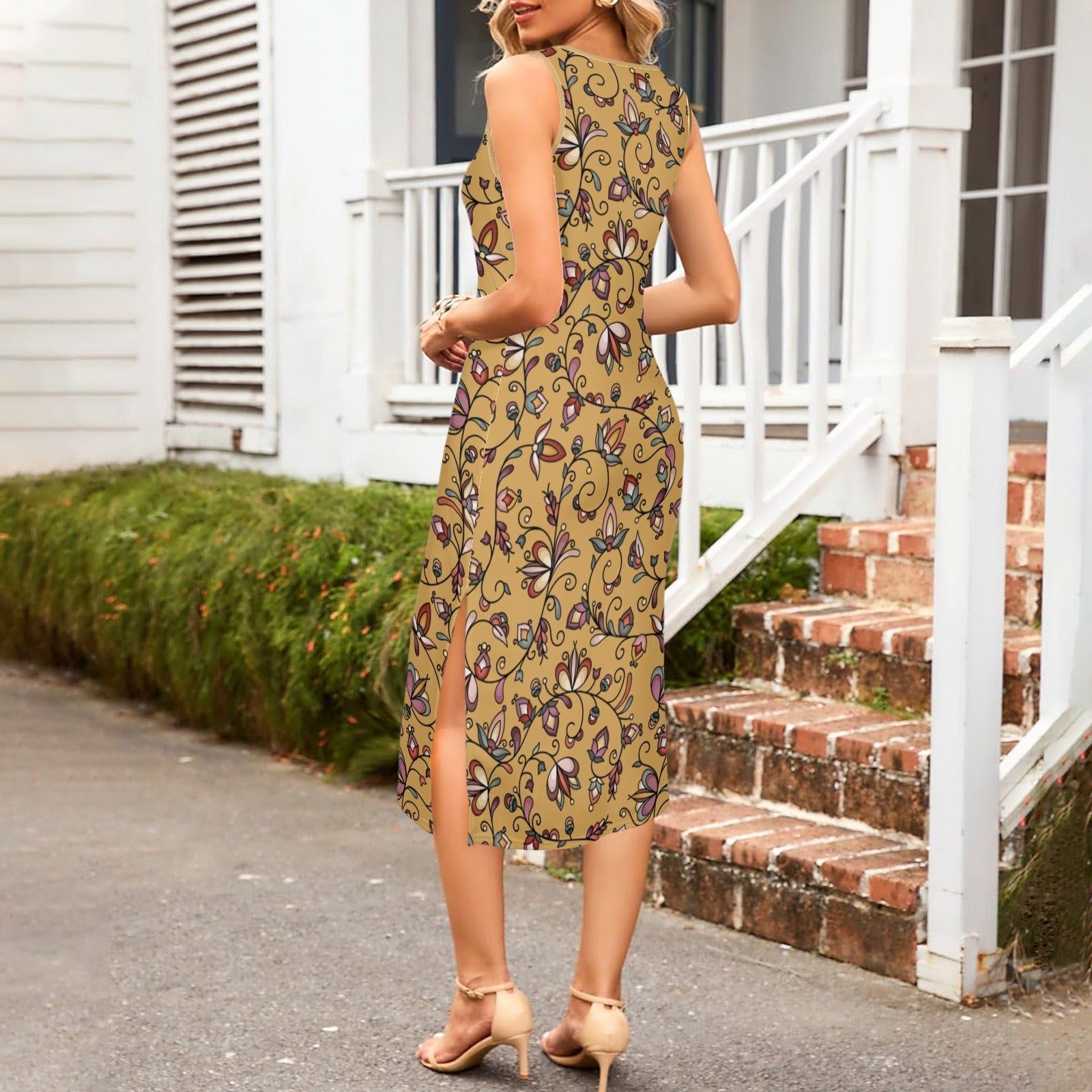 Burnt Sky Petals Gold Phaedra Sleeveless Open Fork Long Dress