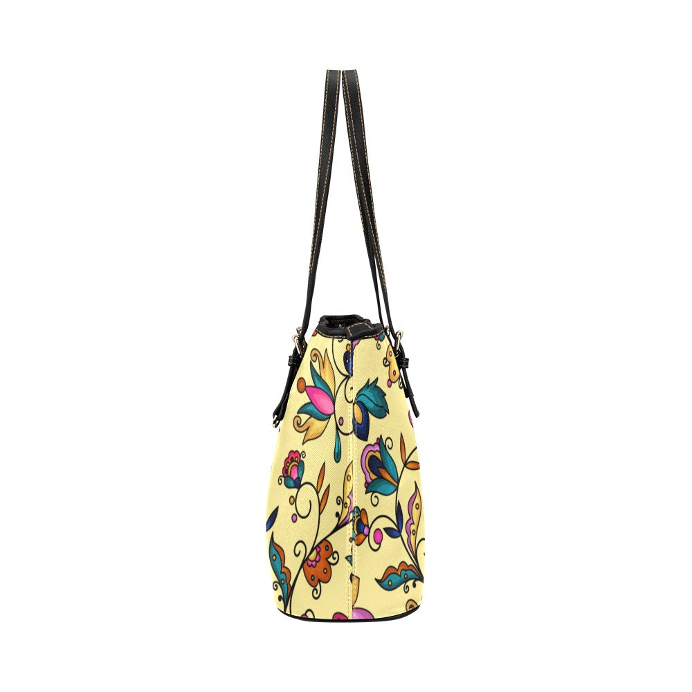 Copper Prairie Petals Yellow Leather Tote Bag/Large