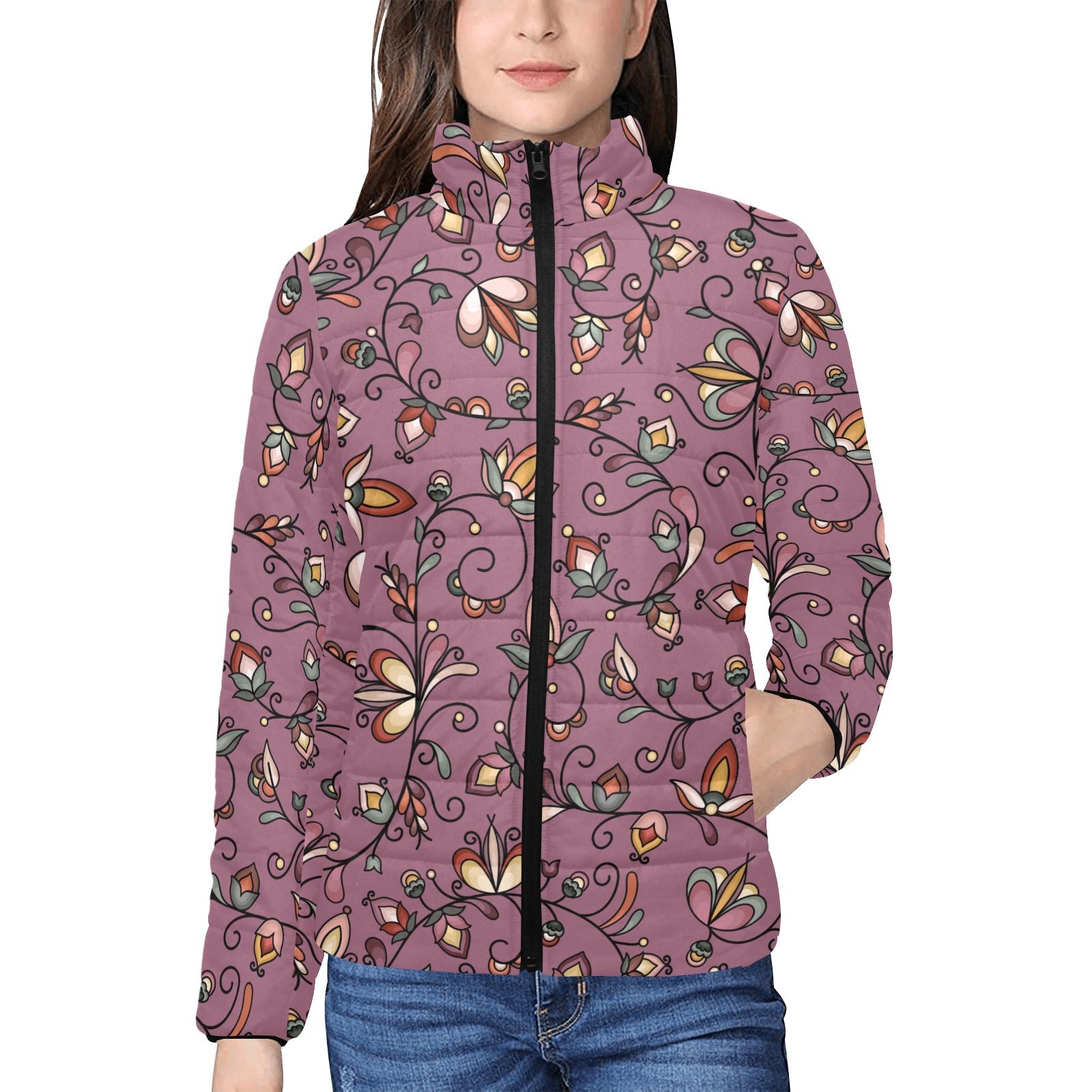Burnt Sky Petals Magenta Women's Stand Collar Padded Jacket