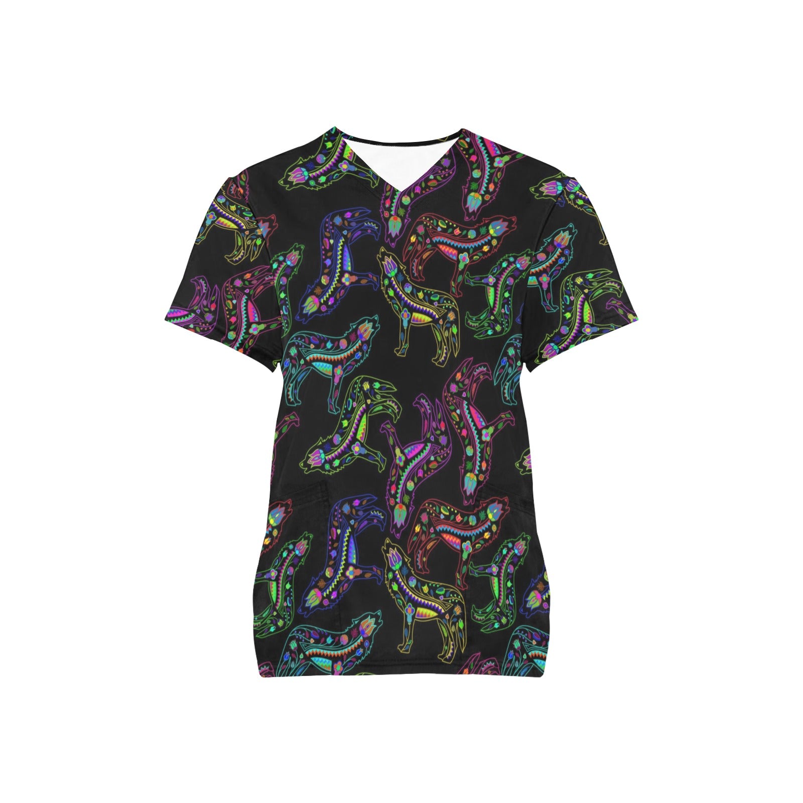 Neon Floral Wolves Scrub Top