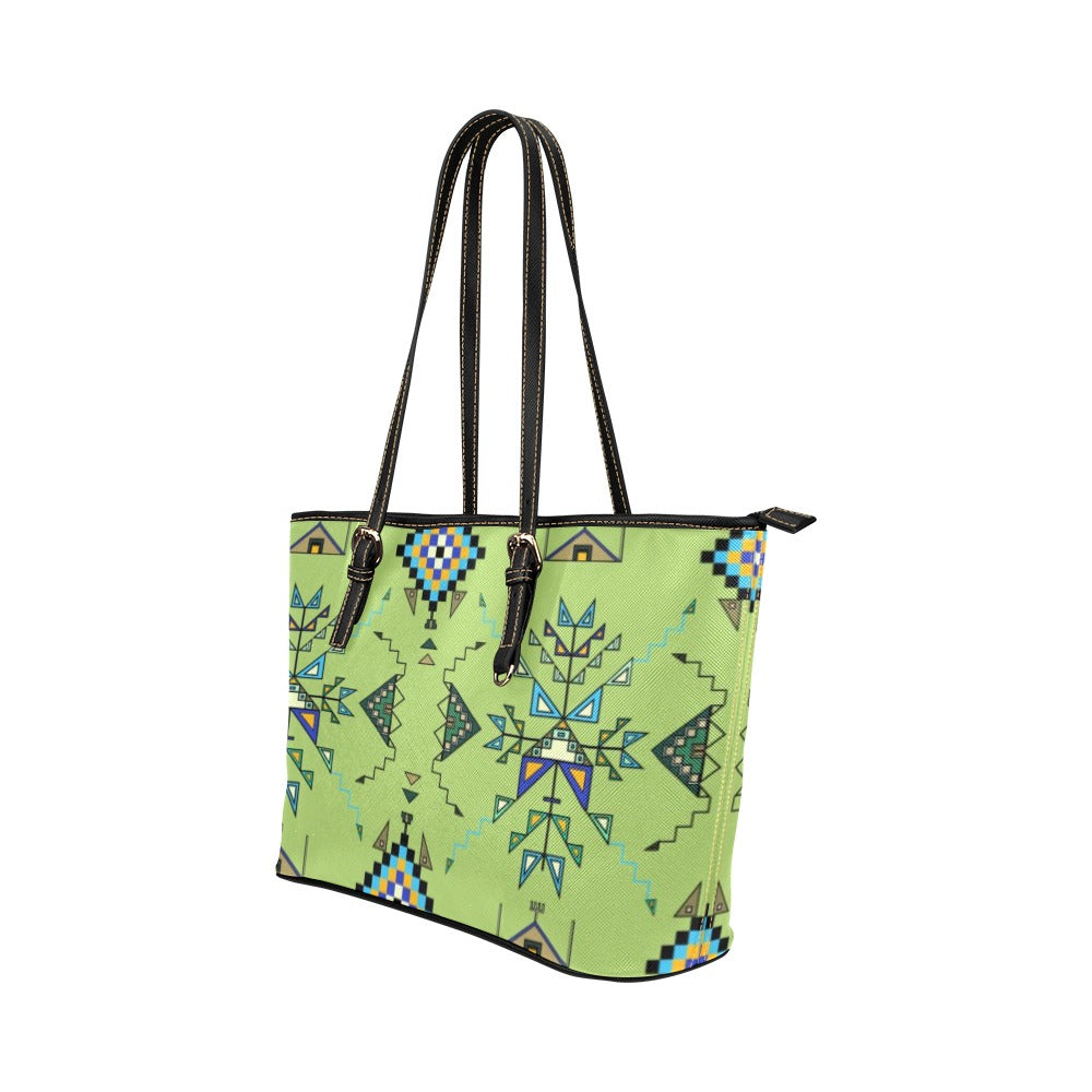 Bear Shield Green Leather Tote Bag/Large