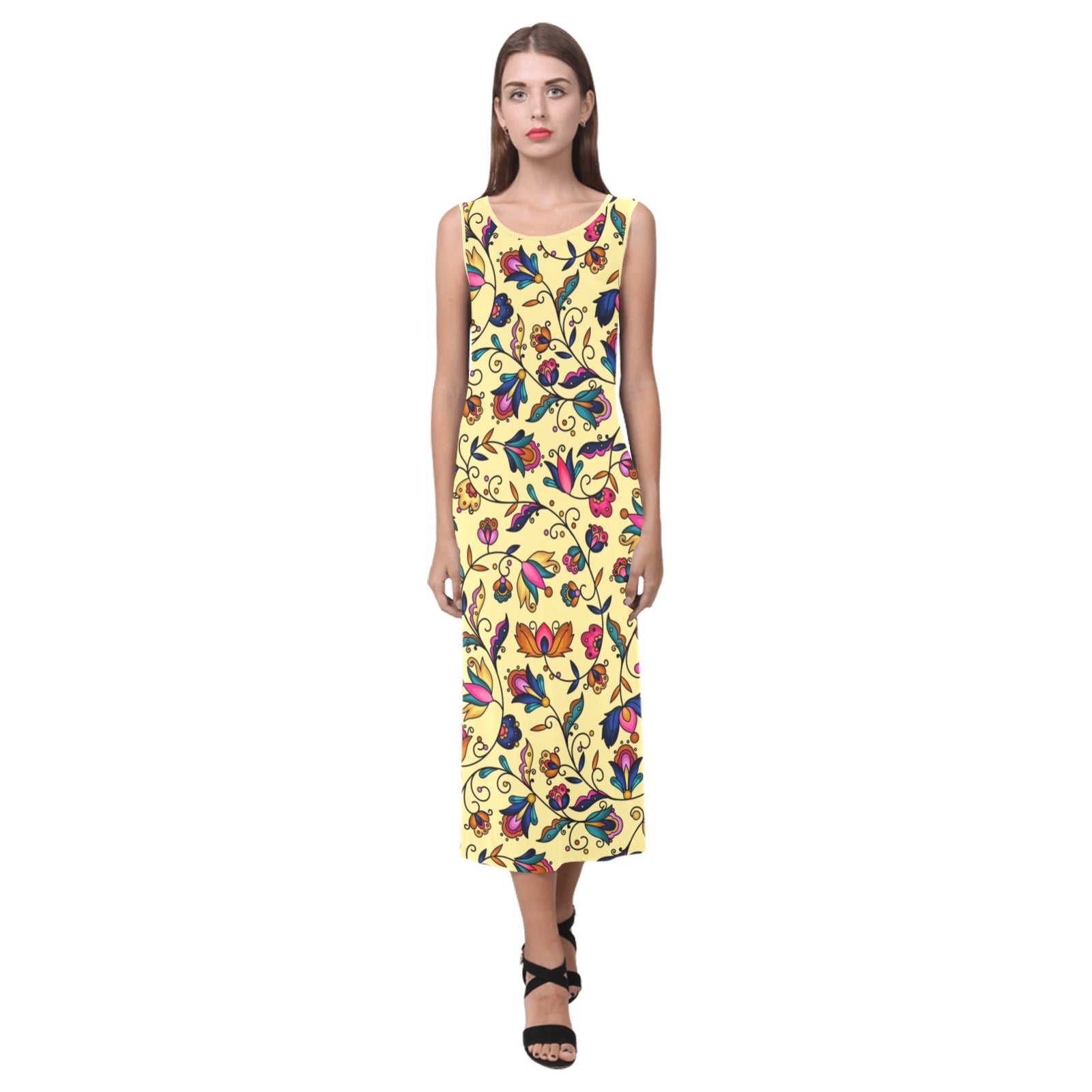 Copper Prairie Petals Yellow Phaedra Sleeveless Open Fork Long Dress