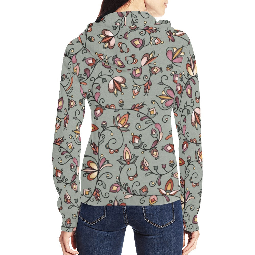 Burnt Sky Petals Green Full Zip Hoodie for Women