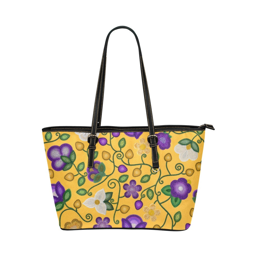 Midnight Moss Bloom Yellow Leather Tote Bag/Large