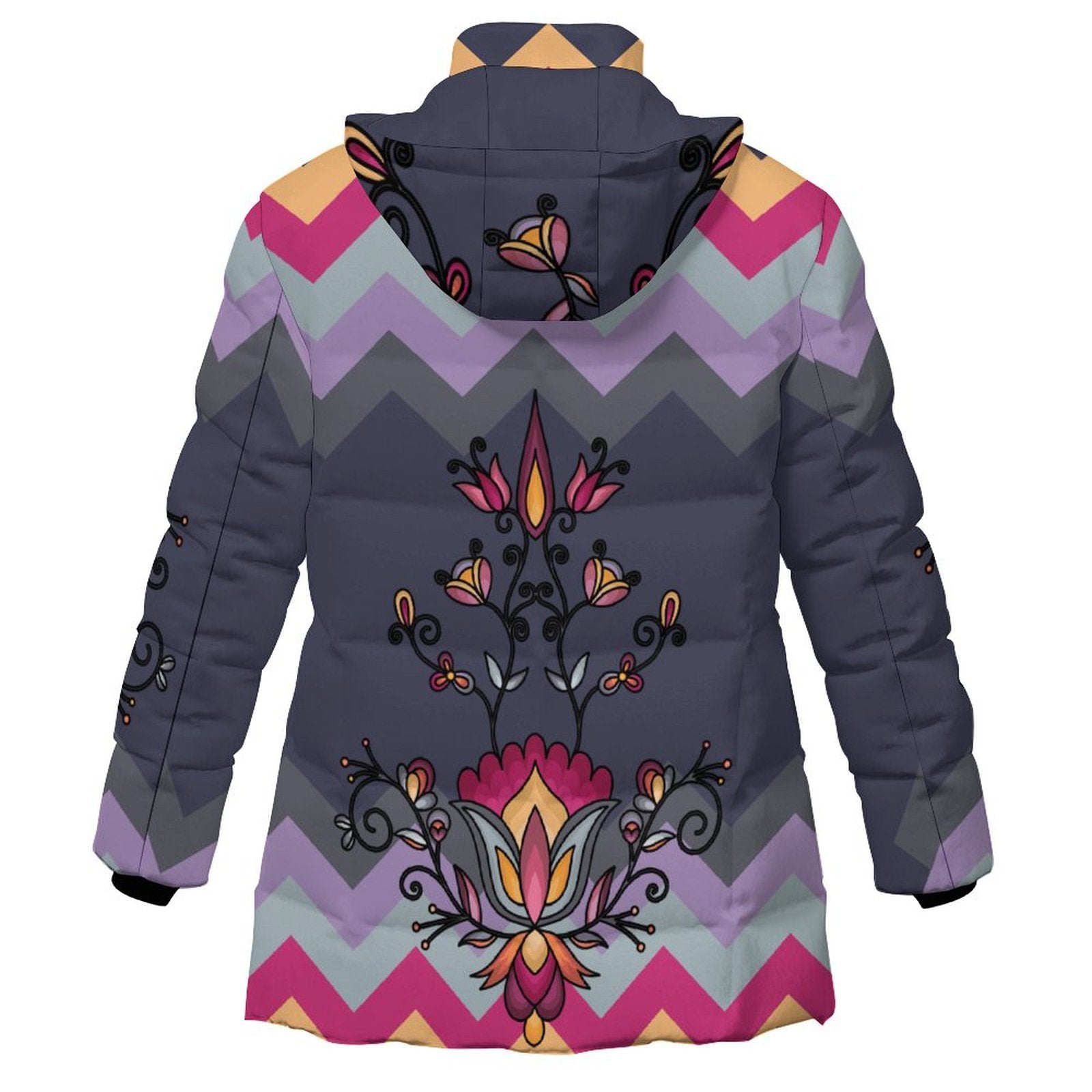 Crimson Drift Petals Women's Hooded Puffer Coat