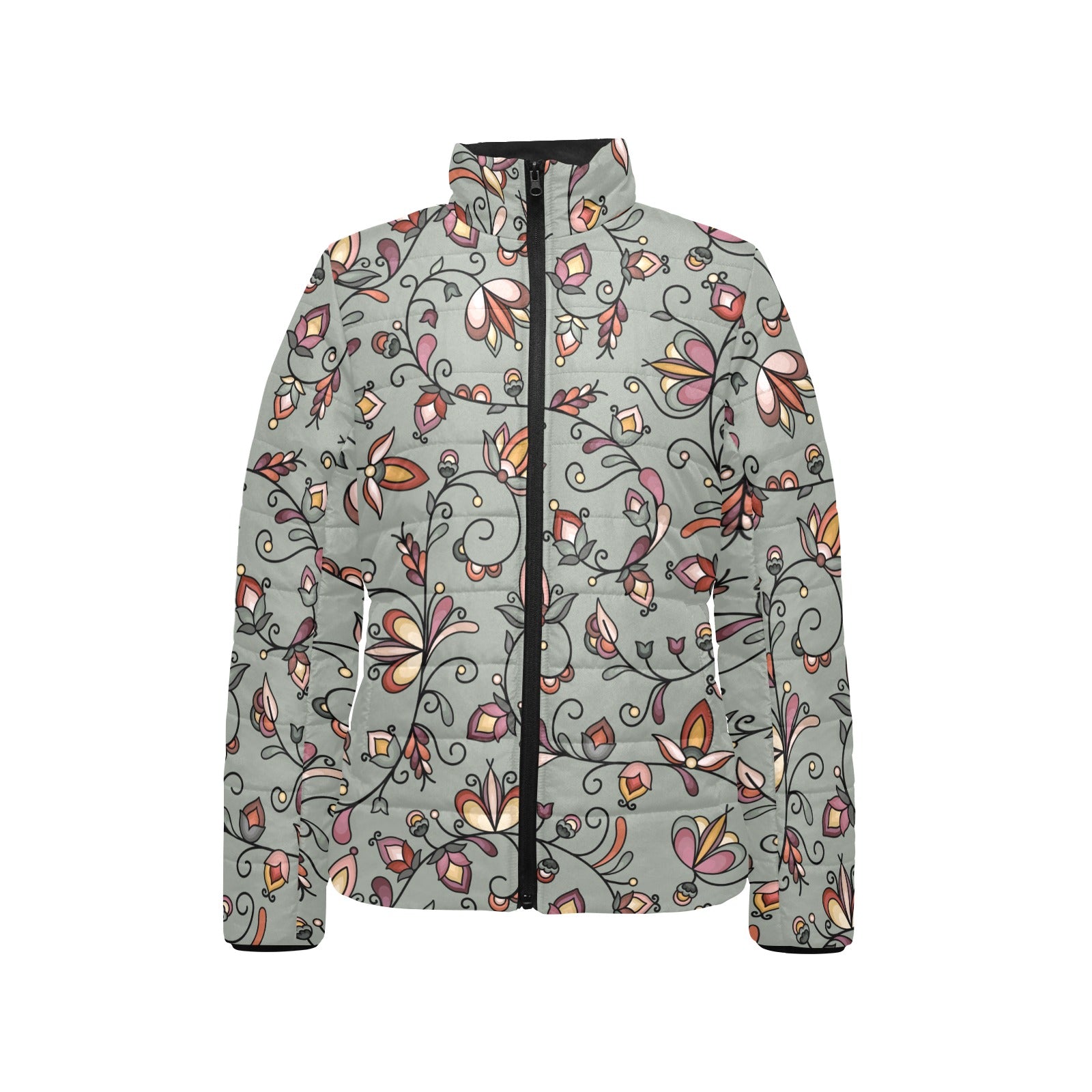 Burnt Sky Petals Green Women's Stand Collar Padded Jacket