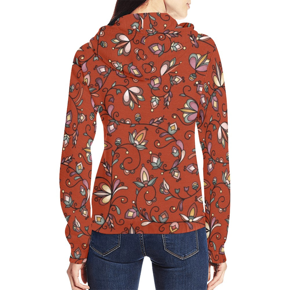 Burnt Sky Petals Red Full Zip Hoodie for Women