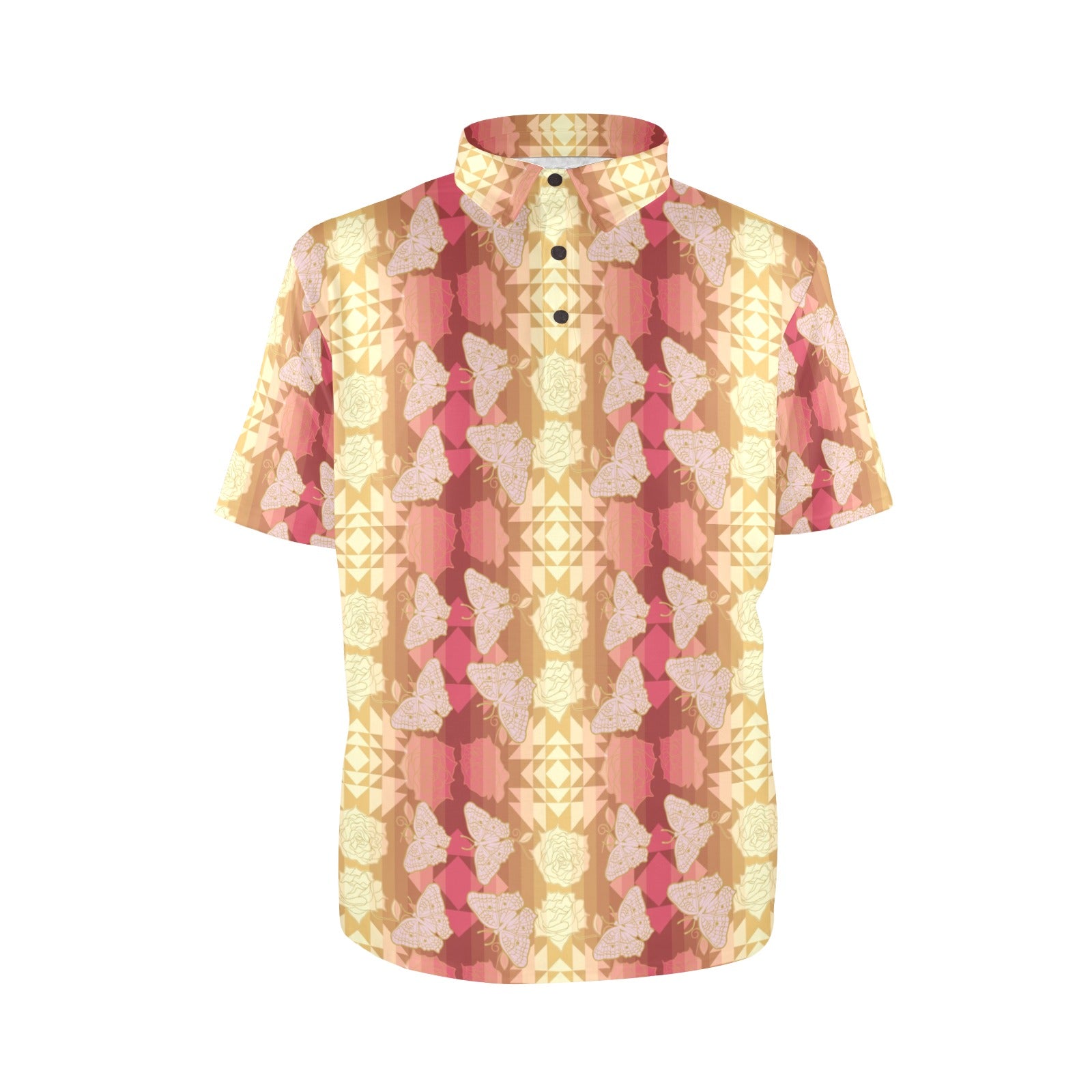 Butterfly and Roses on Geometric Polo Shirt