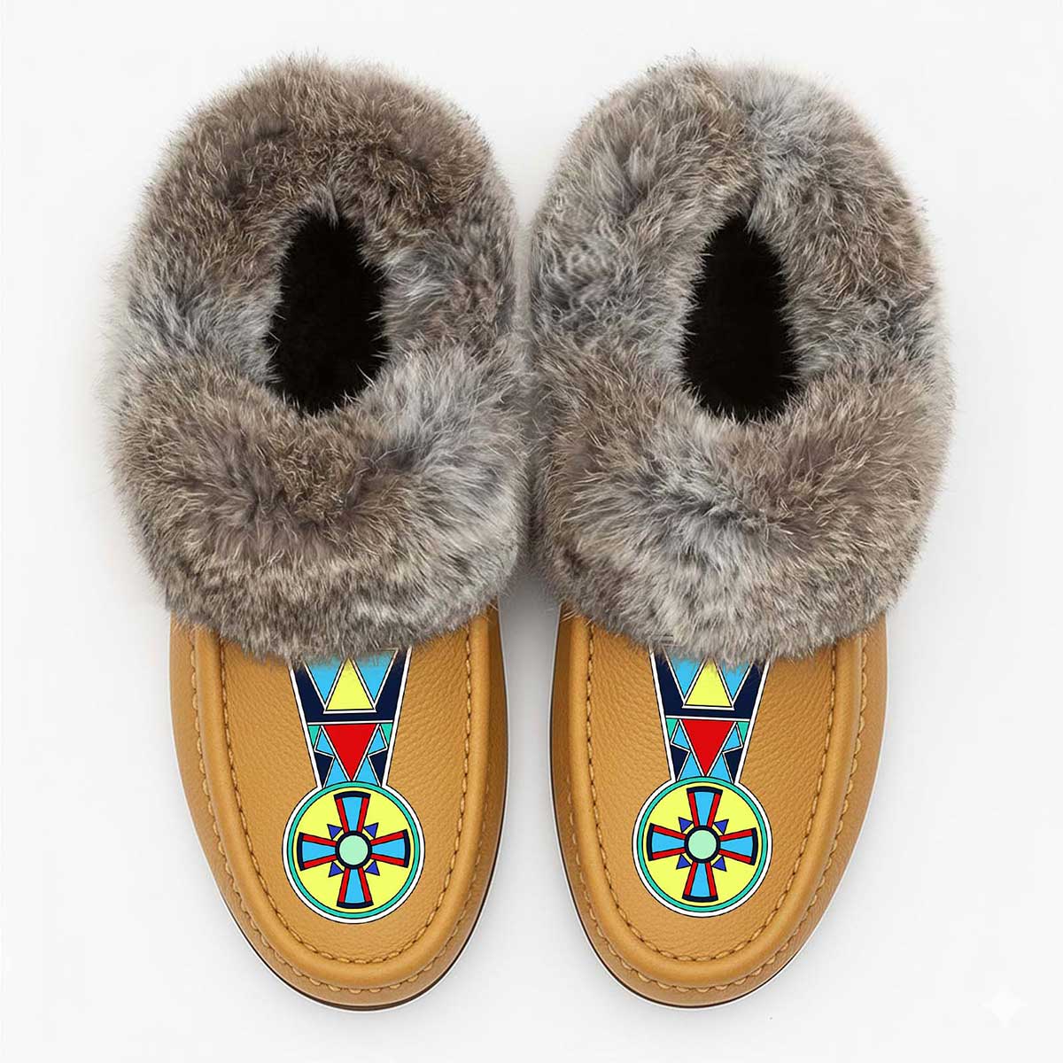 Firewheel Emblem Tan Leather Mottled Fur Moccasin
